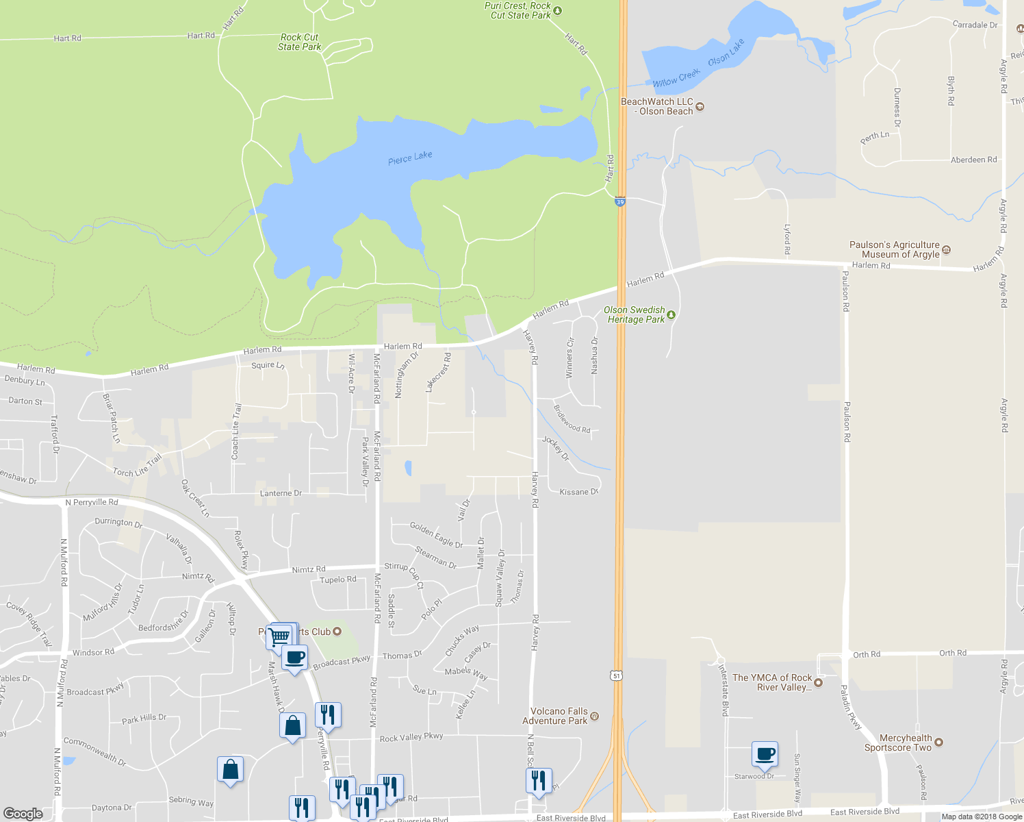map of restaurants, bars, coffee shops, grocery stores, and more near 5292 Harvey Road in Caledonia