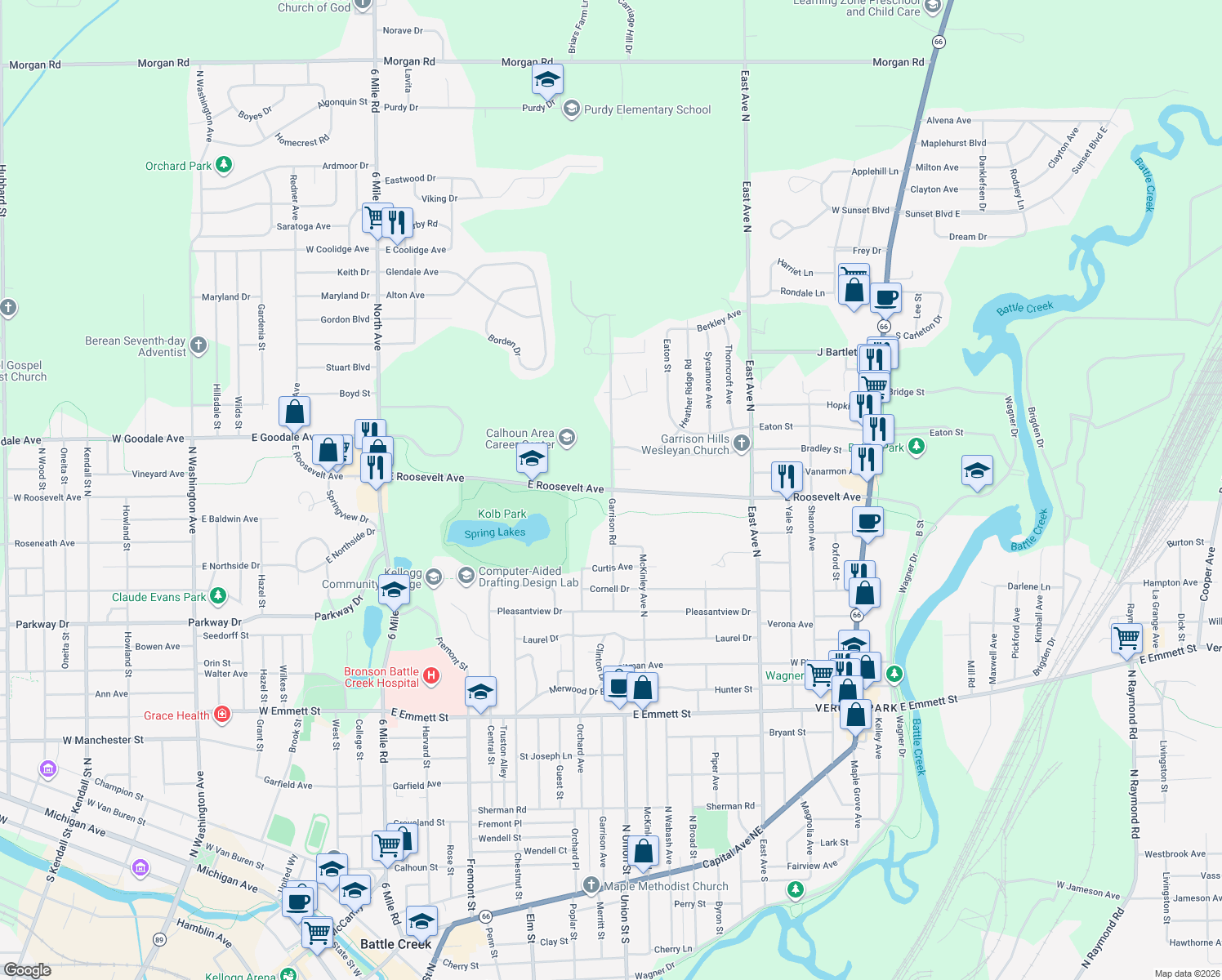 map of restaurants, bars, coffee shops, grocery stores, and more near 533 East Roosevelt Avenue in Battle Creek