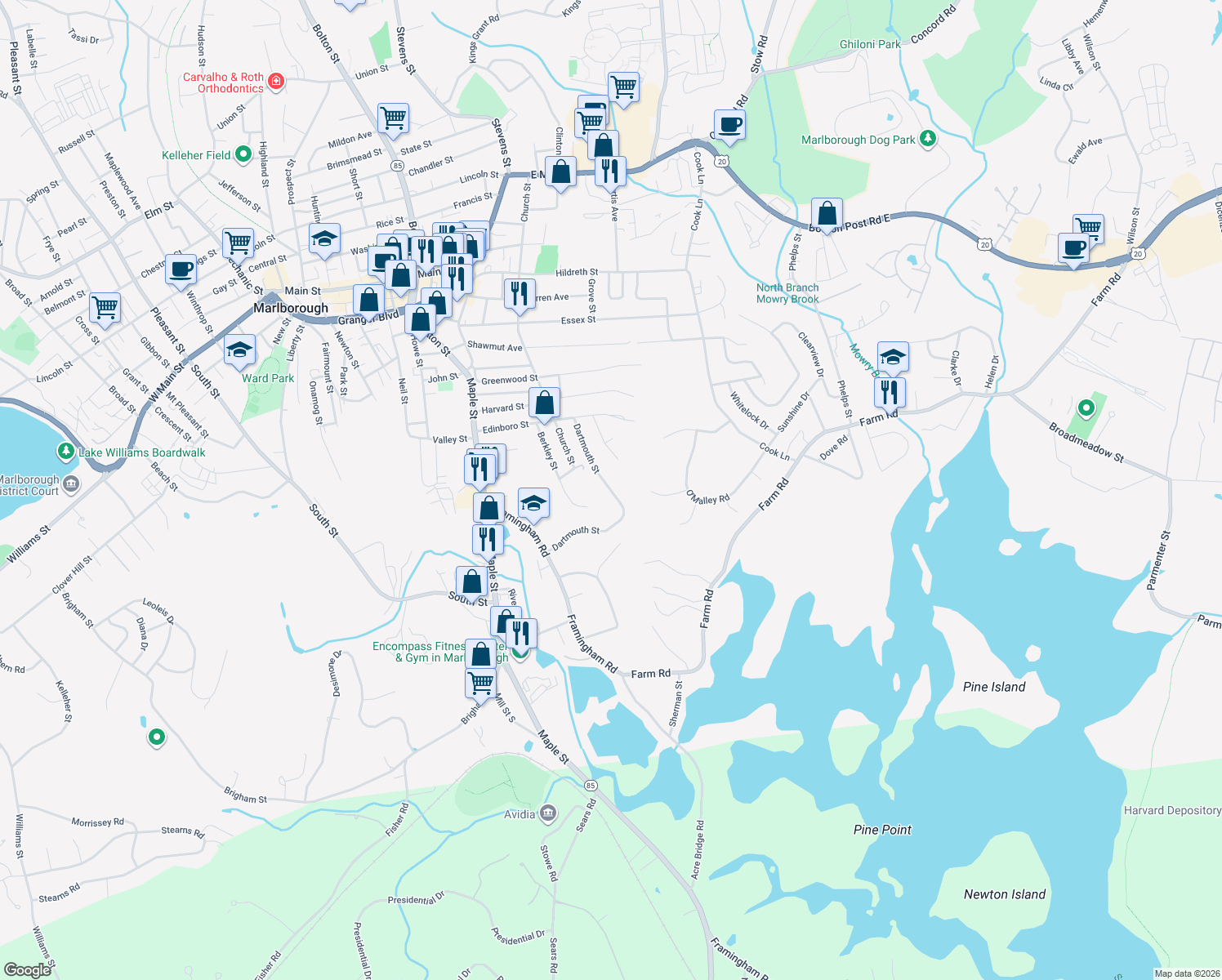 map of restaurants, bars, coffee shops, grocery stores, and more near 102 Dartmouth Street in Marlborough