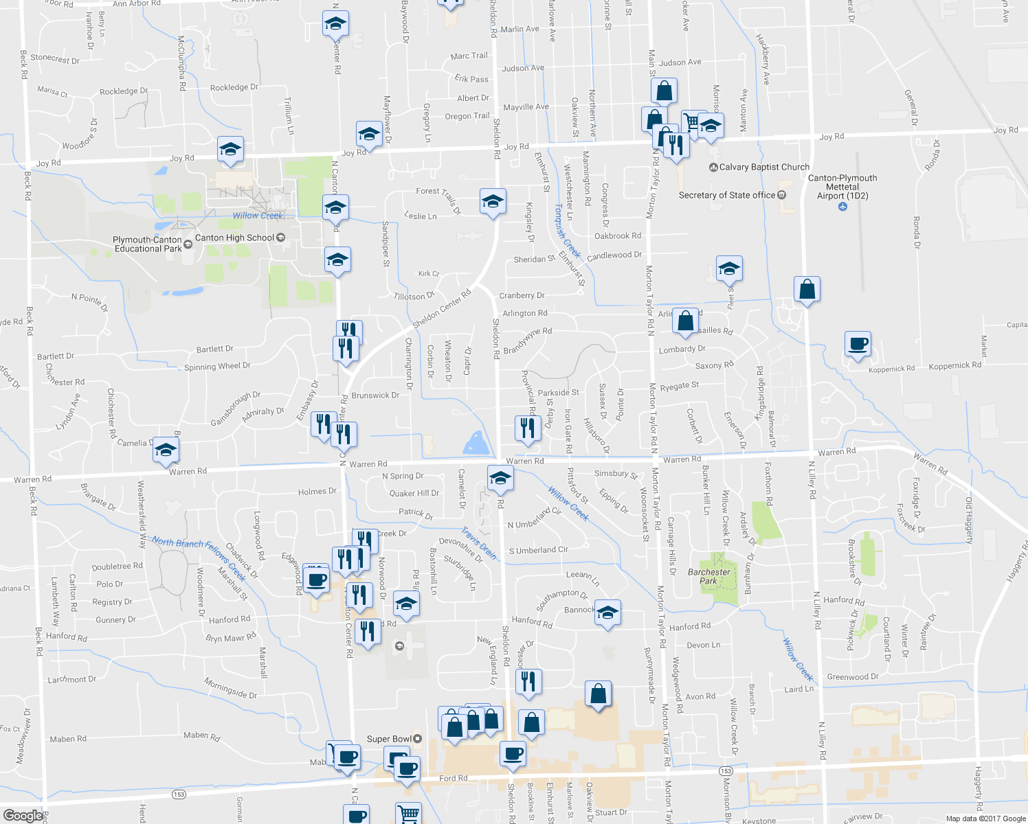 map of restaurants, bars, coffee shops, grocery stores, and more near 44261 Village Court in Canton