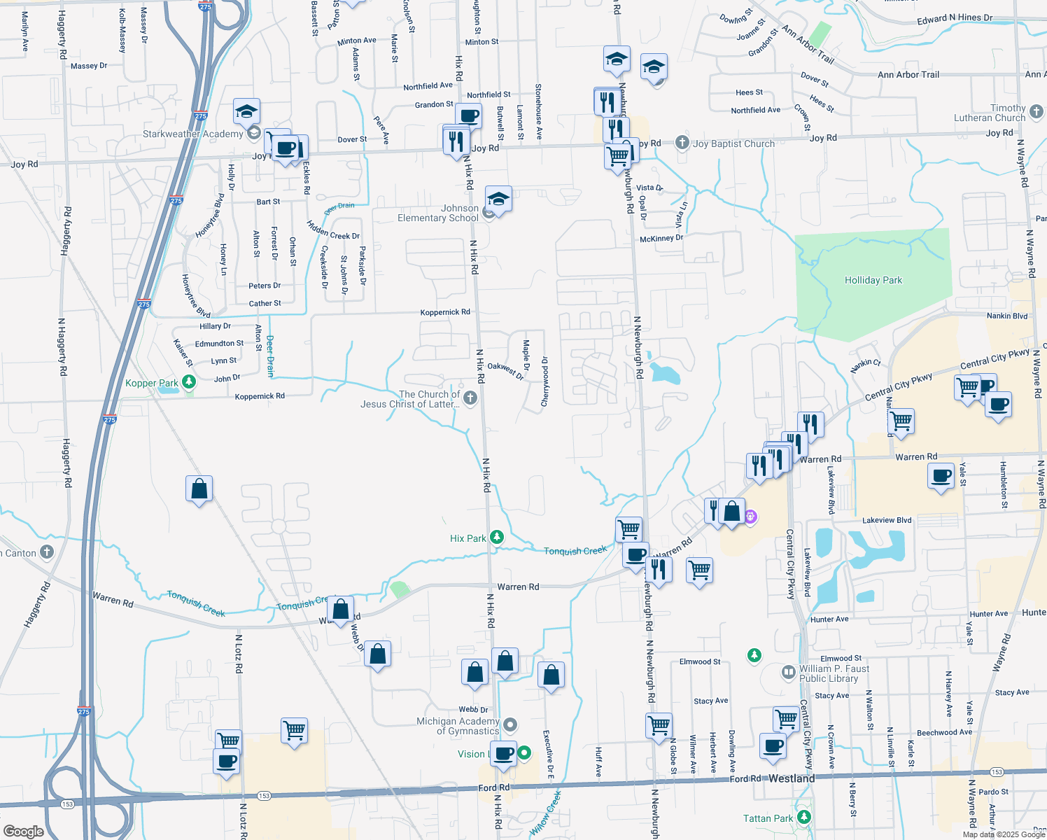 map of restaurants, bars, coffee shops, grocery stores, and more near 7458 Maple Dr in Westland