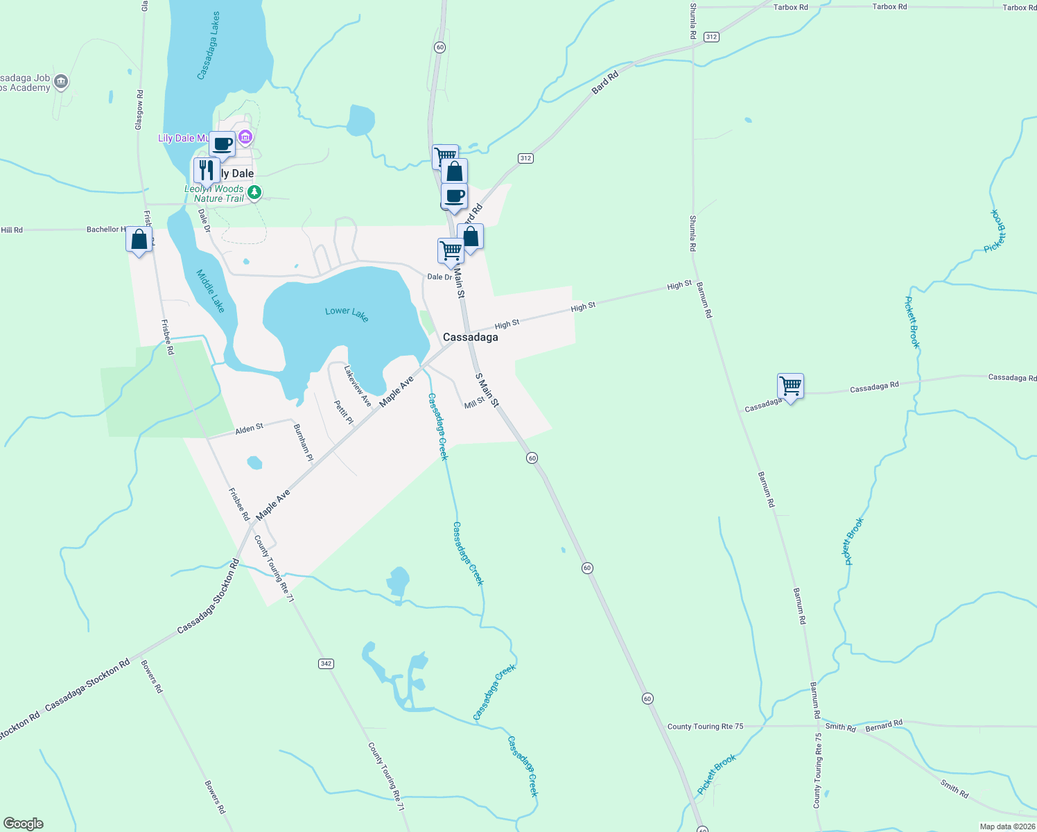 map of restaurants, bars, coffee shops, grocery stores, and more near 128 South Main Street in Cassadaga