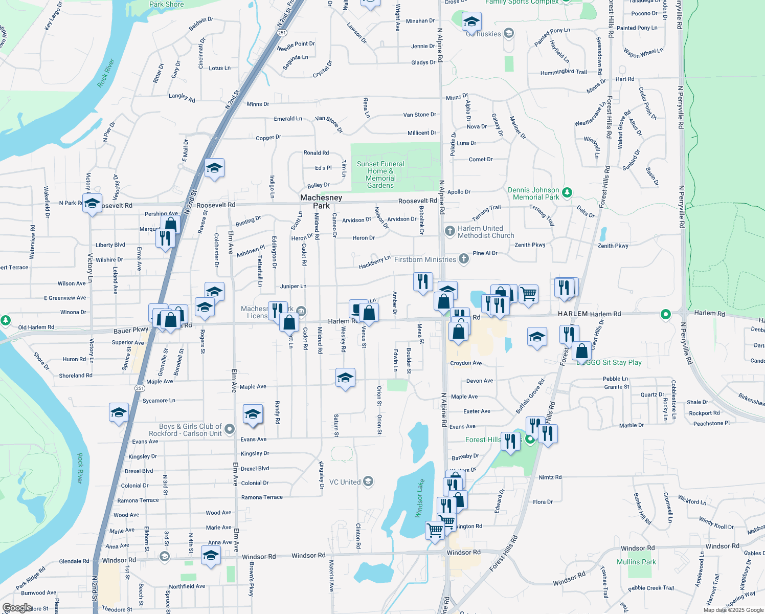 map of restaurants, bars, coffee shops, grocery stores, and more near 1509 Lilac Lane in Machesney Park