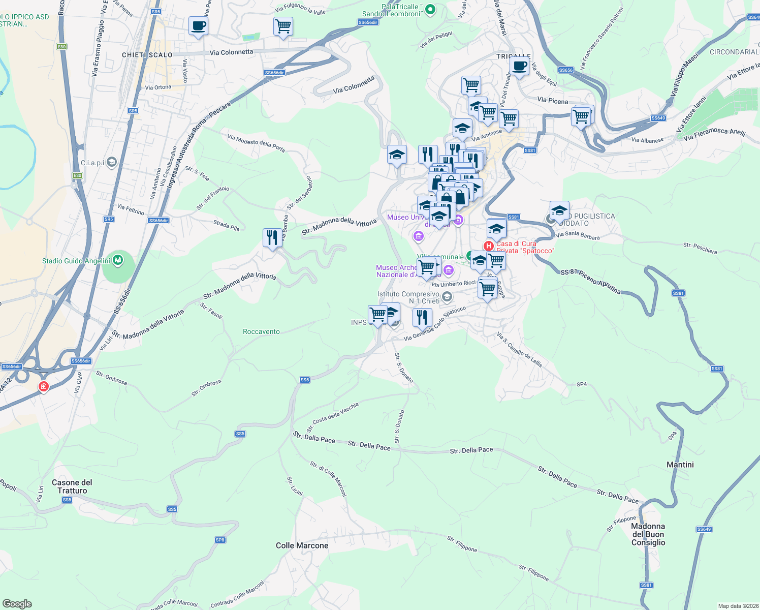 map of restaurants, bars, coffee shops, grocery stores, and more near 87 Viale Maiella in Chieti