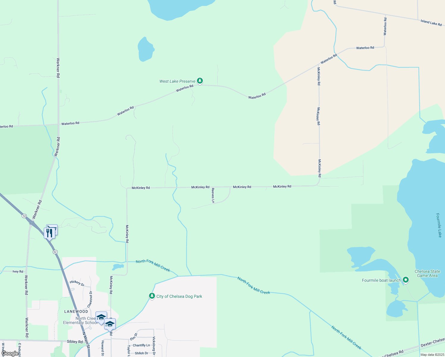 map of restaurants, bars, coffee shops, grocery stores, and more near 13700 McKinley Road in Chelsea