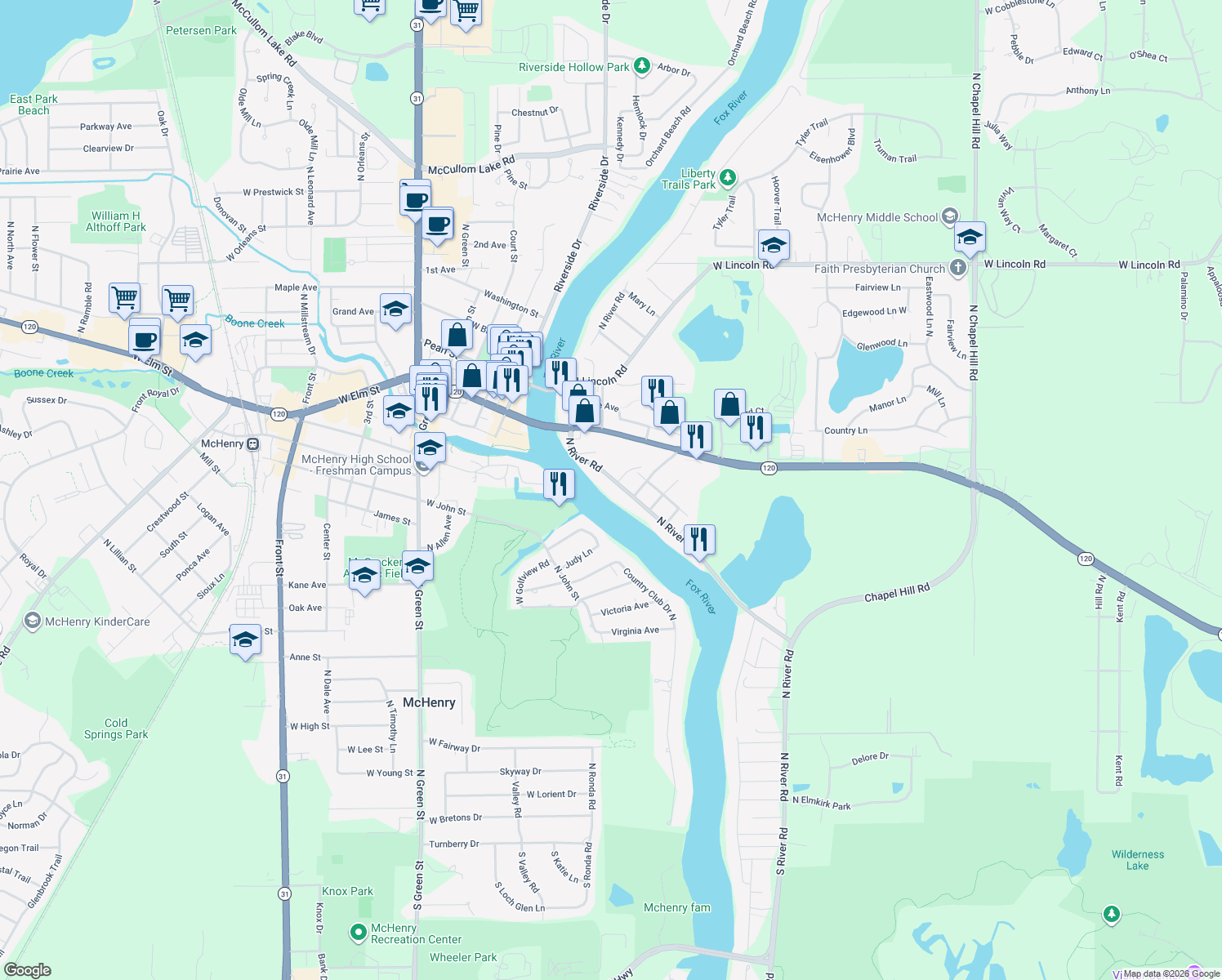 map of restaurants, bars, coffee shops, grocery stores, and more near 1013 North River Road in McHenry