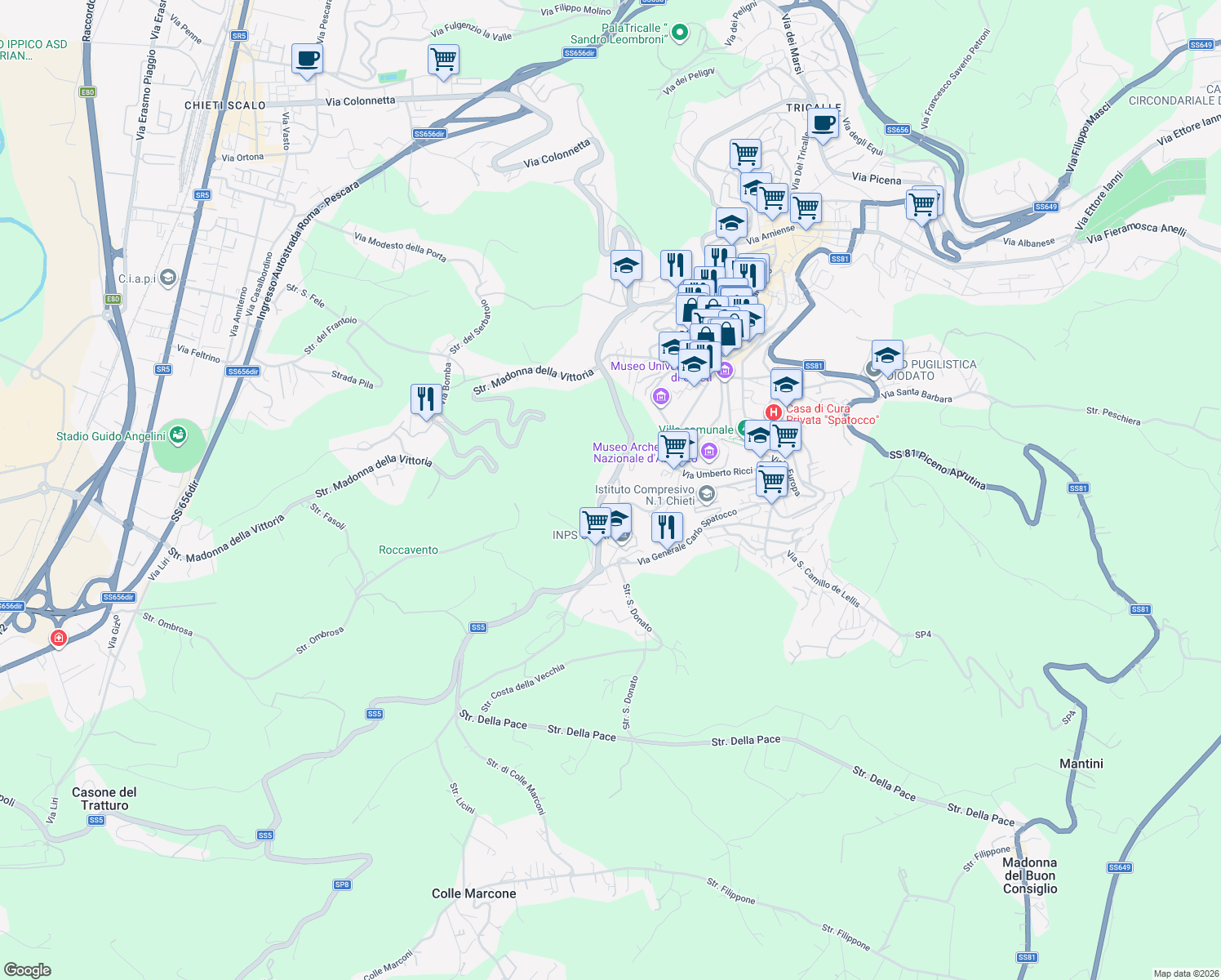map of restaurants, bars, coffee shops, grocery stores, and more near 87 Viale Maiella in Chieti