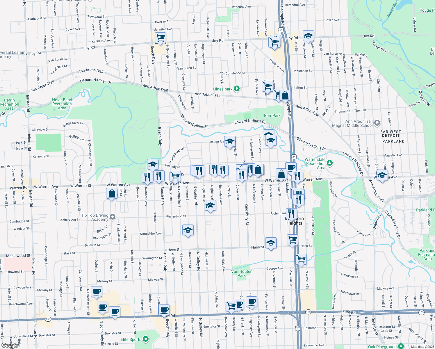 map of restaurants, bars, coffee shops, grocery stores, and more near 7251 Robindale Avenue in Dearborn Heights