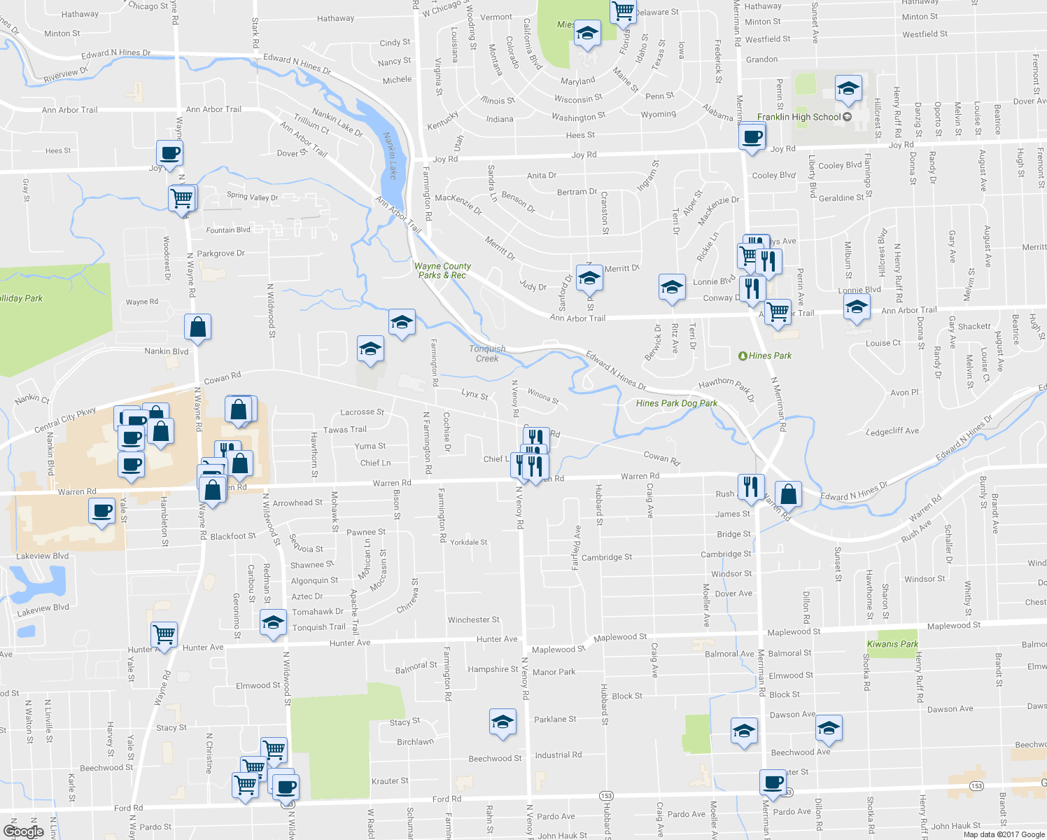 map of restaurants, bars, coffee shops, grocery stores, and more near 7510 North Venoy Road in Westland