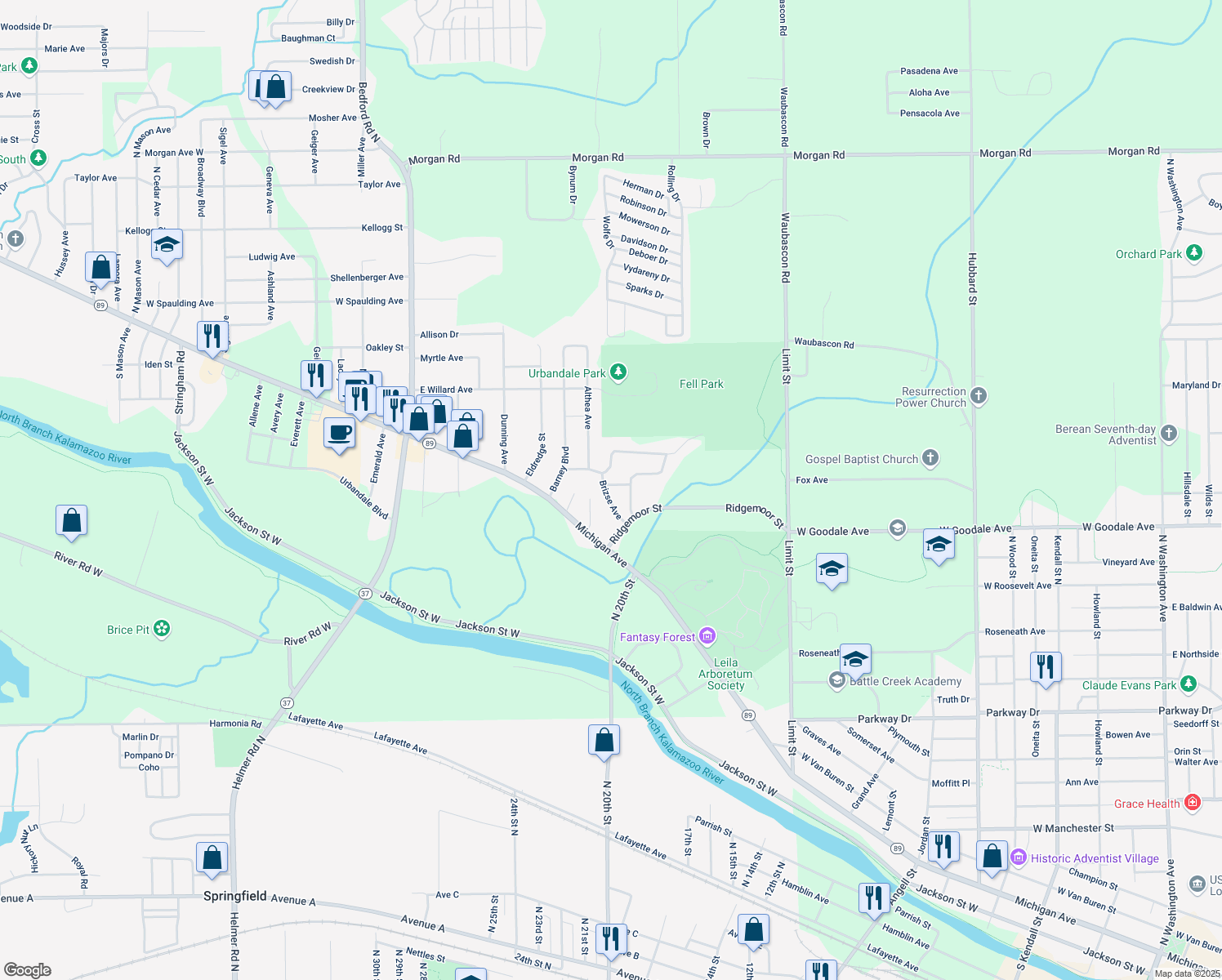 map of restaurants, bars, coffee shops, grocery stores, and more near 20 Brizse Avenue in Battle Creek