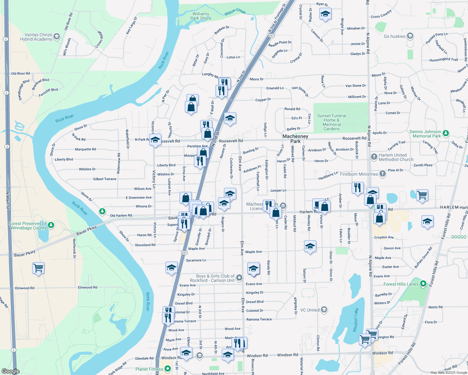 map of restaurants, bars, coffee shops, grocery stores, and more near 1001 Windbourne Drive in Machesney Park