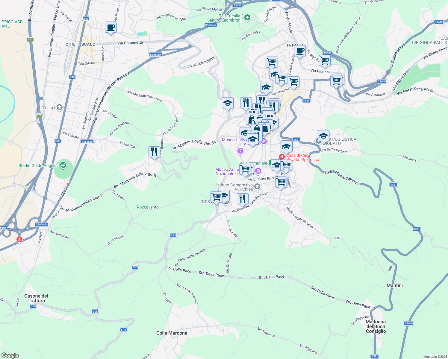 map of restaurants, bars, coffee shops, grocery stores, and more near 65 Via delle Fornaci in Chieti