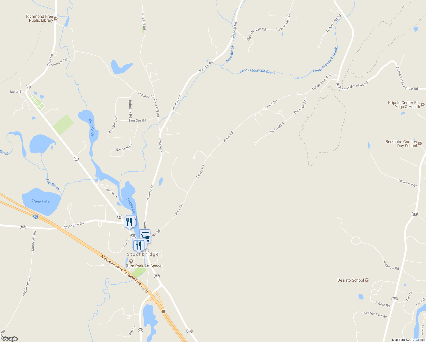 map of restaurants, bars, coffee shops, grocery stores, and more near 64 Lenox Road in West Stockbridge