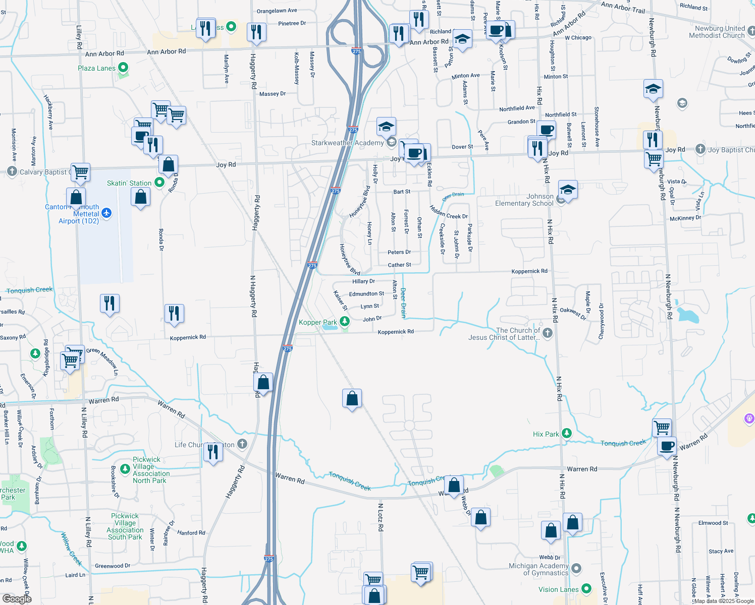map of restaurants, bars, coffee shops, grocery stores, and more near 39792 Lynn Street in Canton