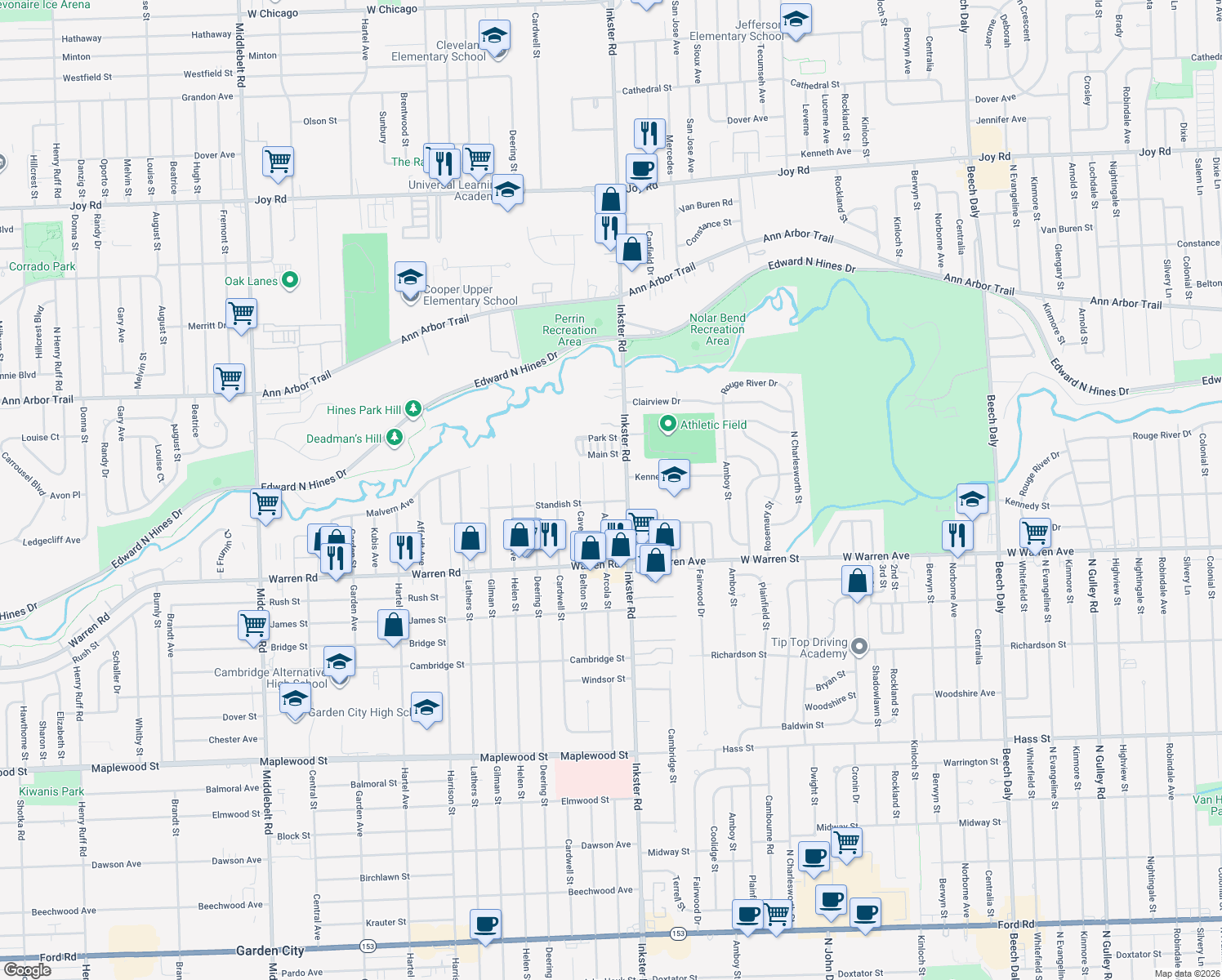 map of restaurants, bars, coffee shops, grocery stores, and more near 7528 Arcola Street in Westland