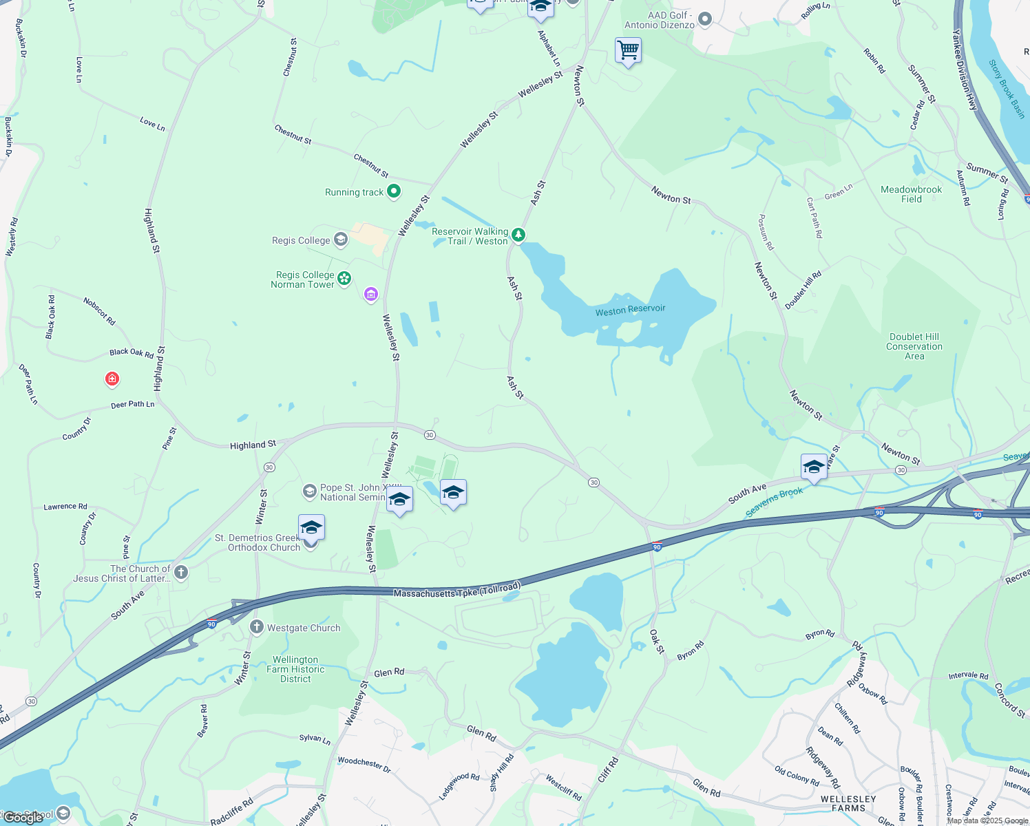 map of restaurants, bars, coffee shops, grocery stores, and more near 10 Wood Ridge Road in Weston