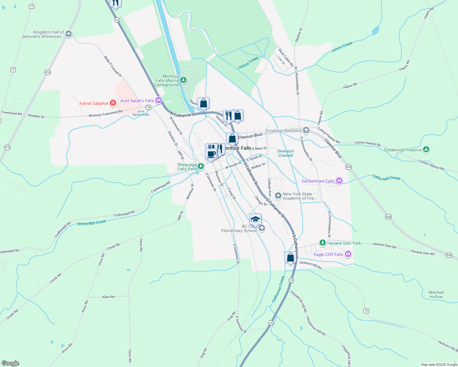 map of restaurants, bars, coffee shops, grocery stores, and more near 214 Canal Street in Montour Falls