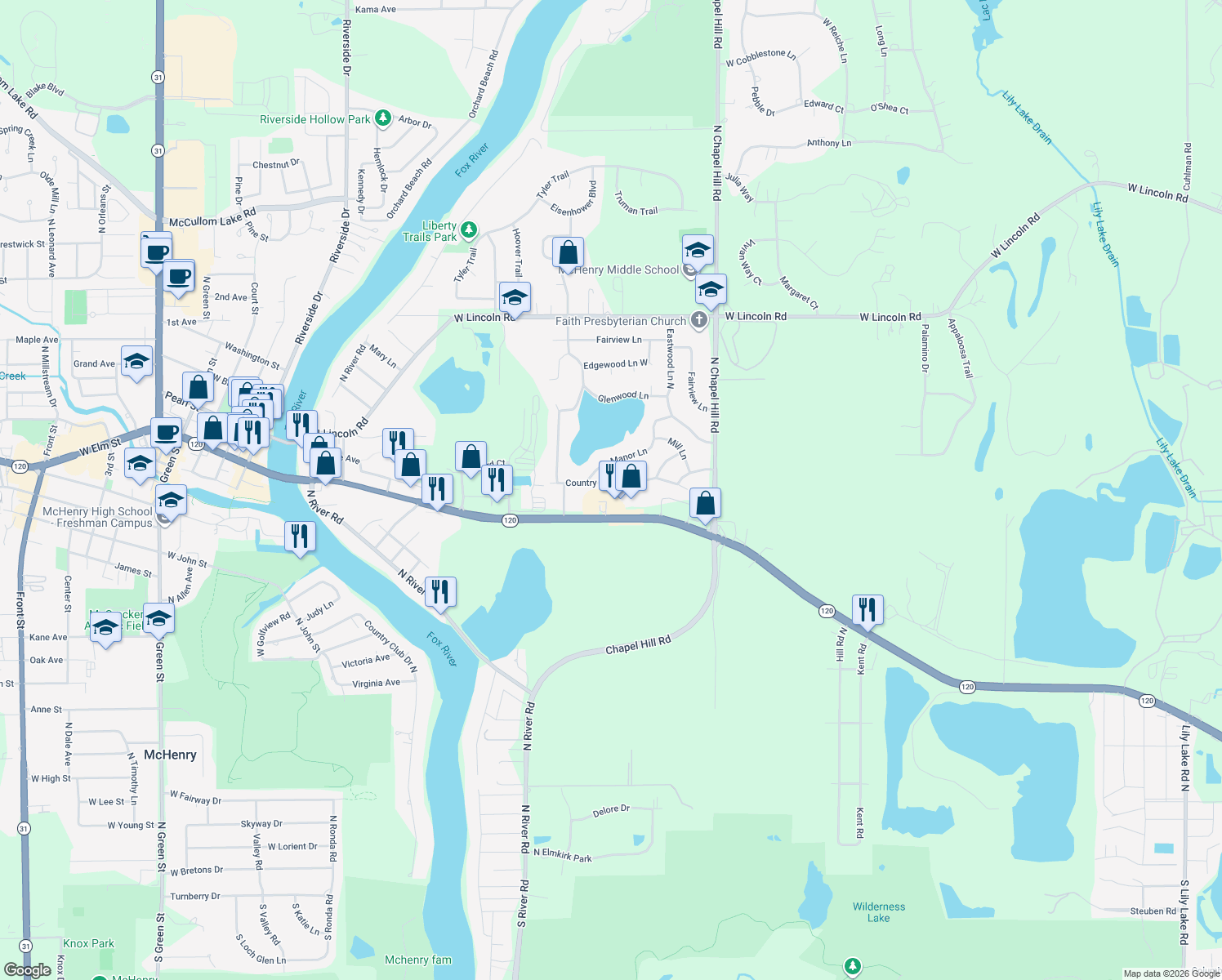 map of restaurants, bars, coffee shops, grocery stores, and more near 2311 Country Lane in McHenry