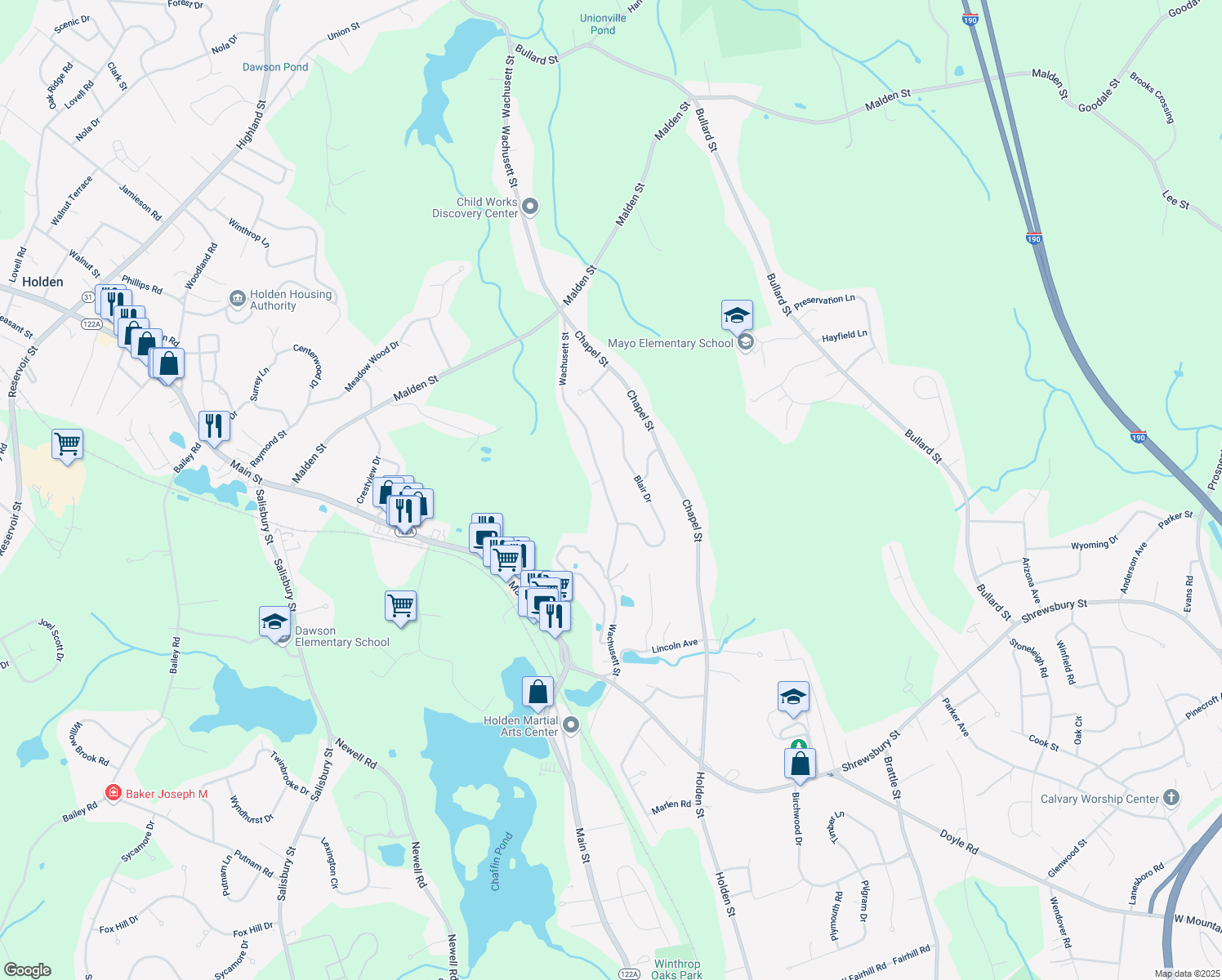 map of restaurants, bars, coffee shops, grocery stores, and more near 182 Wachusett Street in Holden