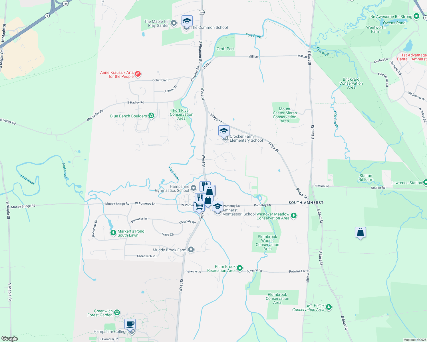 map of restaurants, bars, coffee shops, grocery stores, and more near 23 S Mt Holyoke Dr in Amherst