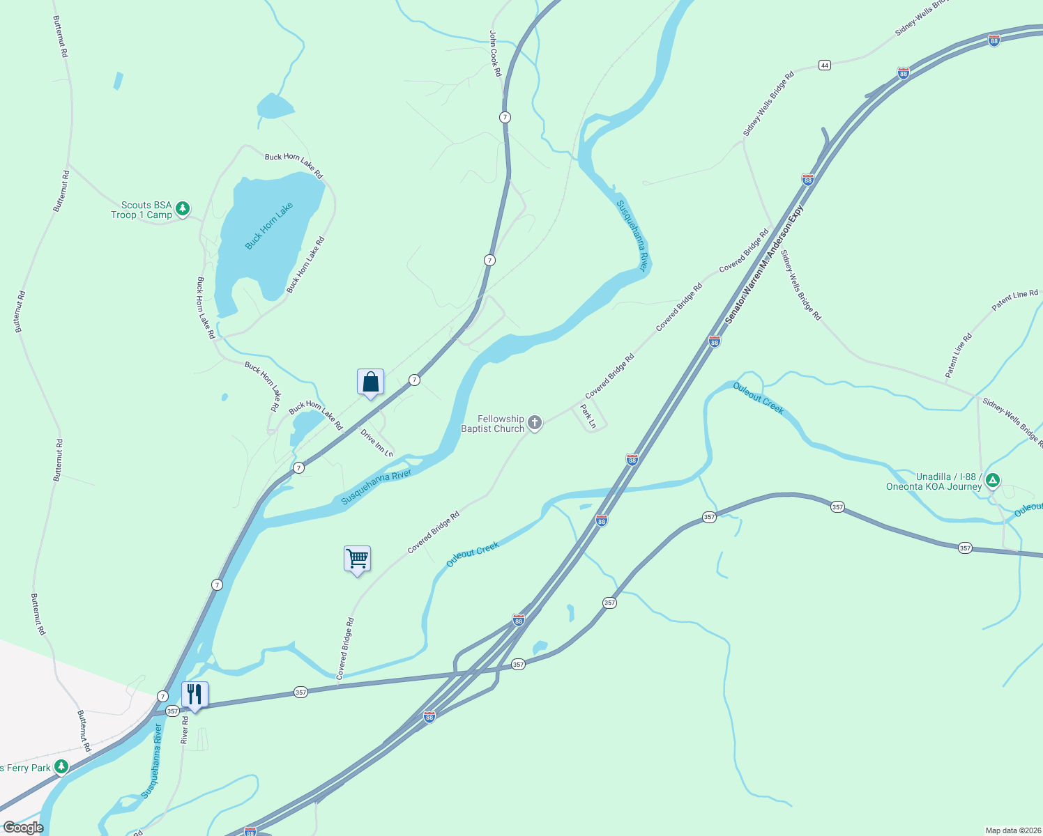 map of restaurants, bars, coffee shops, grocery stores, and more near 1299 Covered Bridge Road in Unadilla