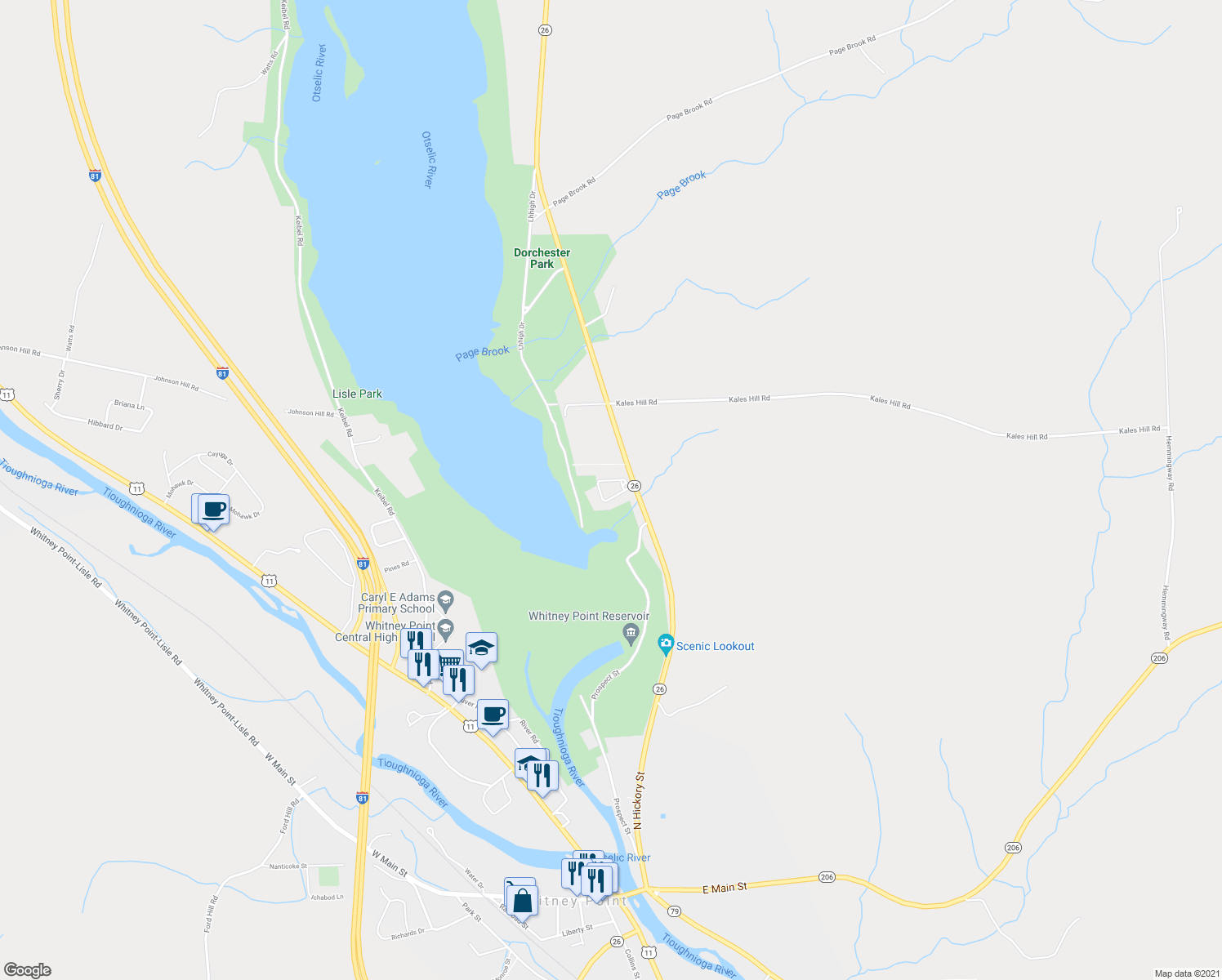 map of restaurants, bars, coffee shops, grocery stores, and more near 5337 New York 26 in Whitney Point