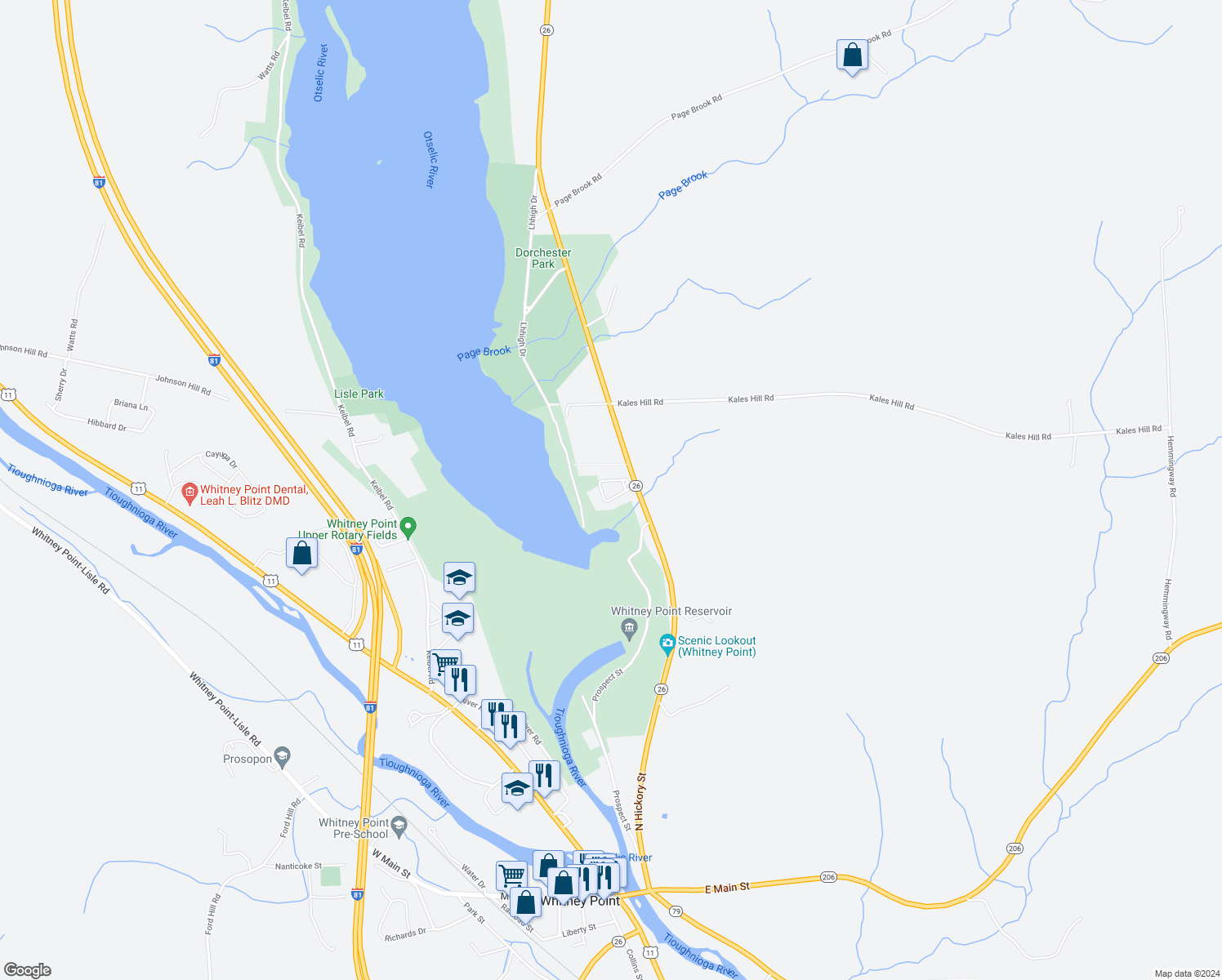 map of restaurants, bars, coffee shops, grocery stores, and more near 5337 New York 26 in Whitney Point