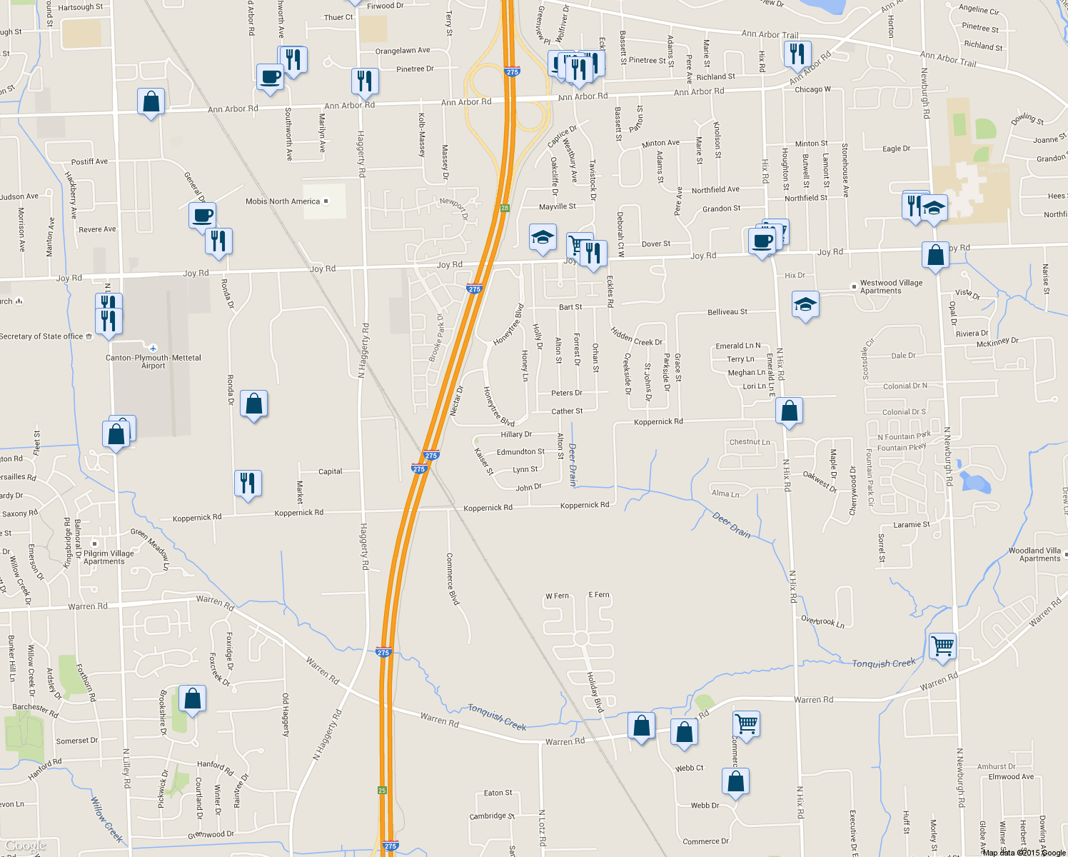 map of restaurants, bars, coffee shops, grocery stores, and more near 39714 Hillary Drive in Canton