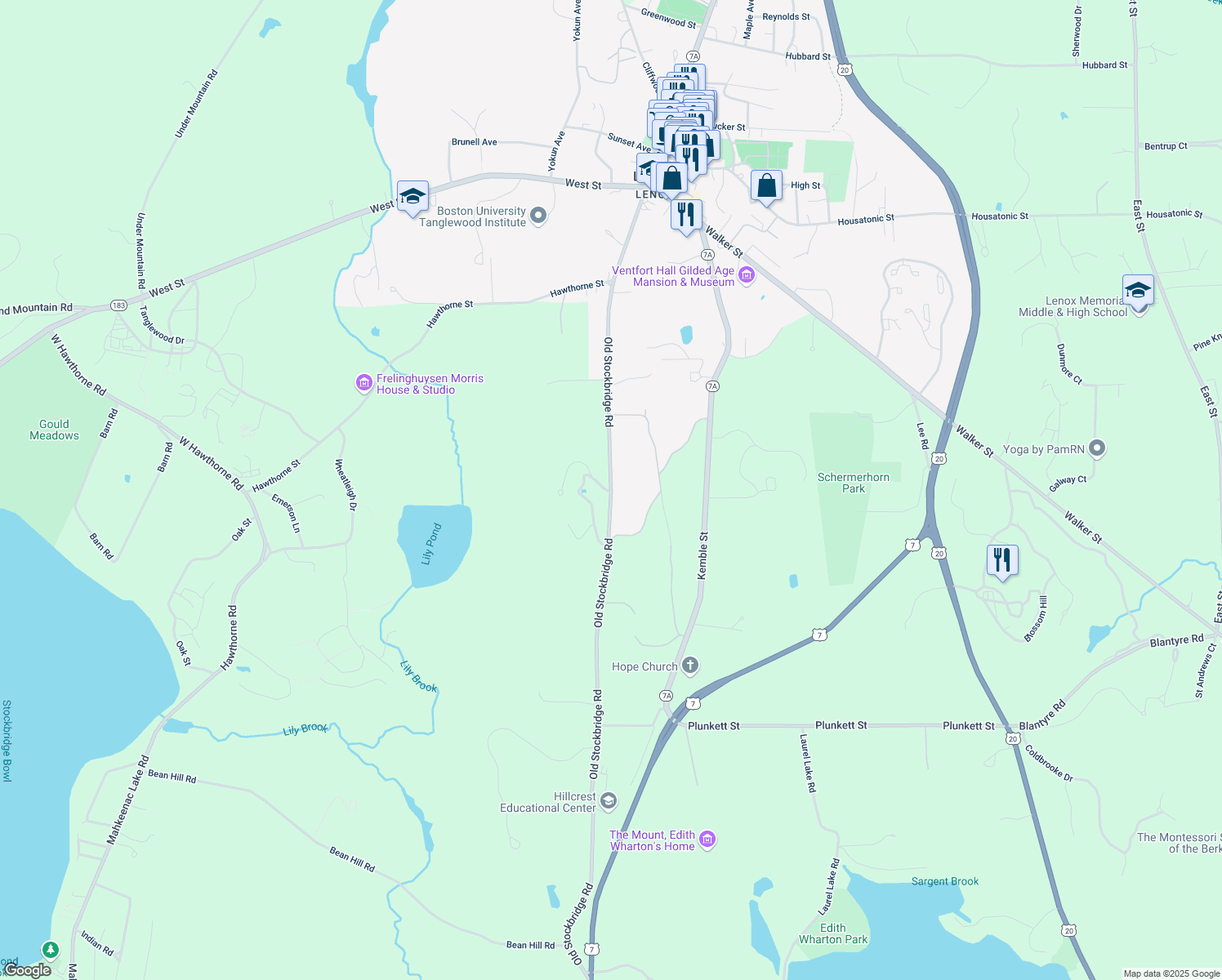 map of restaurants, bars, coffee shops, grocery stores, and more near 175 Old Stockbridge Rd in Lenox