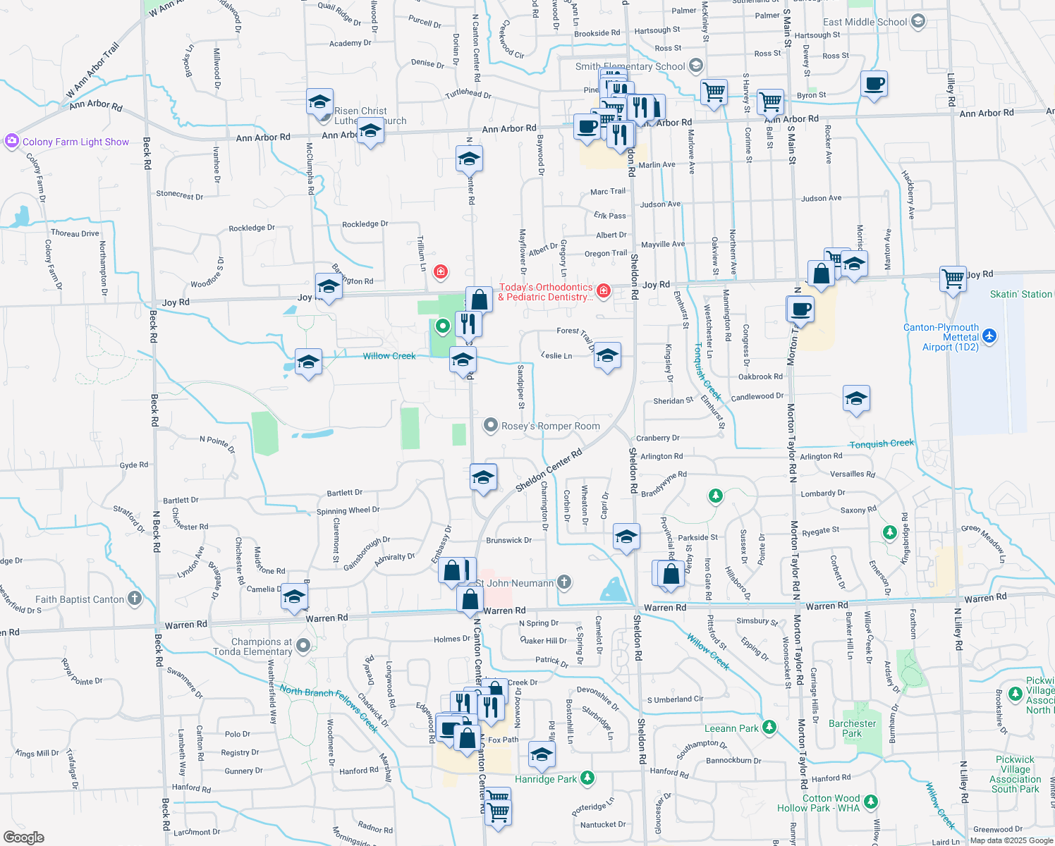 map of restaurants, bars, coffee shops, grocery stores, and more near 8144 Sandpiper St in Canton