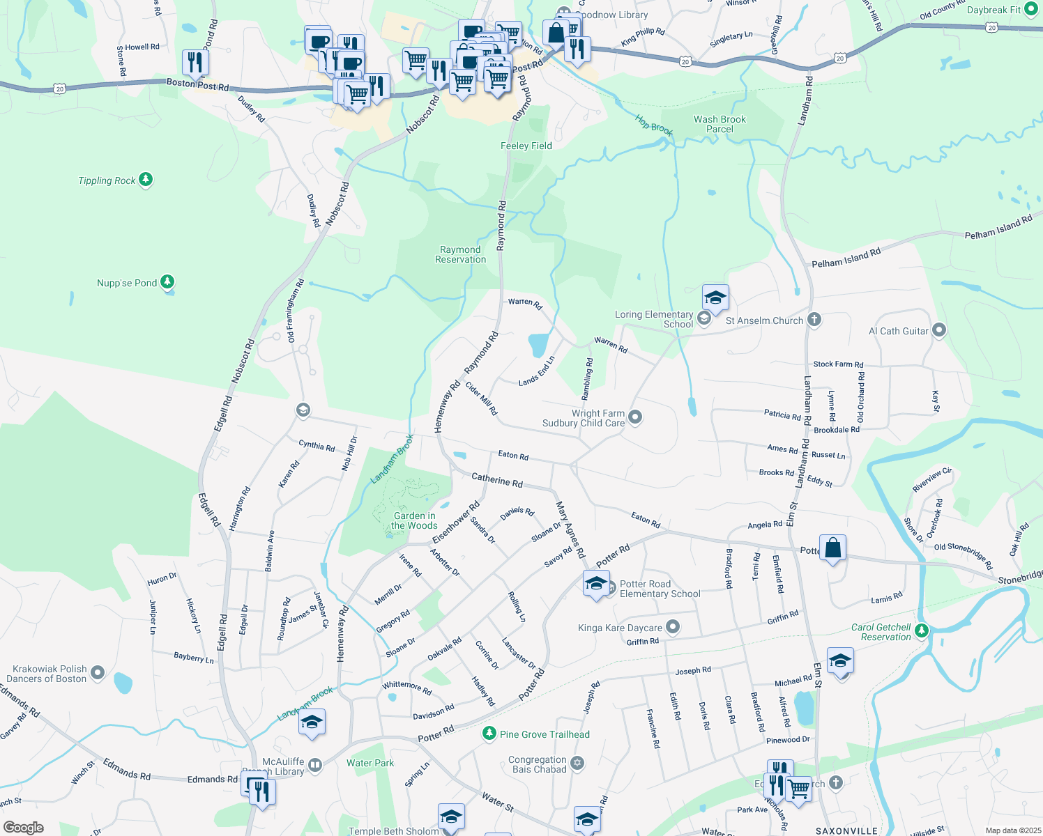 map of restaurants, bars, coffee shops, grocery stores, and more near 42 Cider Mill Rd in Sudbury