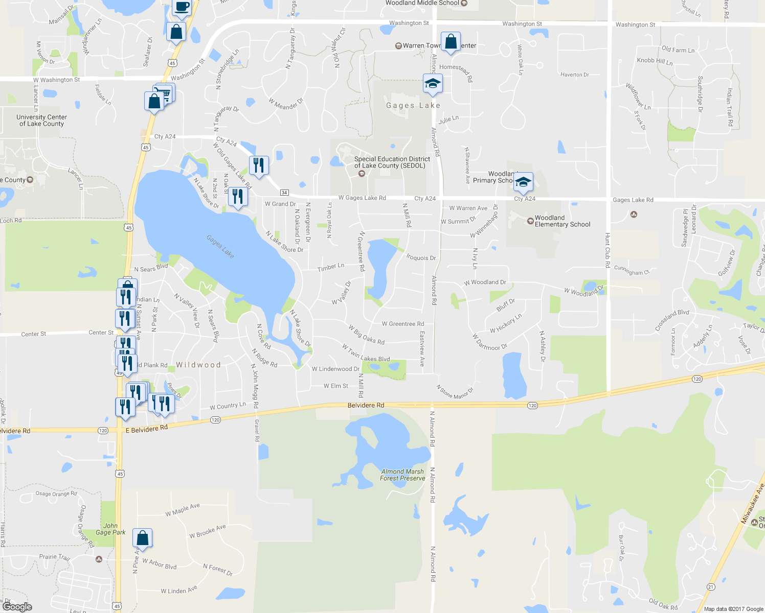 map of restaurants, bars, coffee shops, grocery stores, and more near 33300 N Mill Rd in Gages Lake