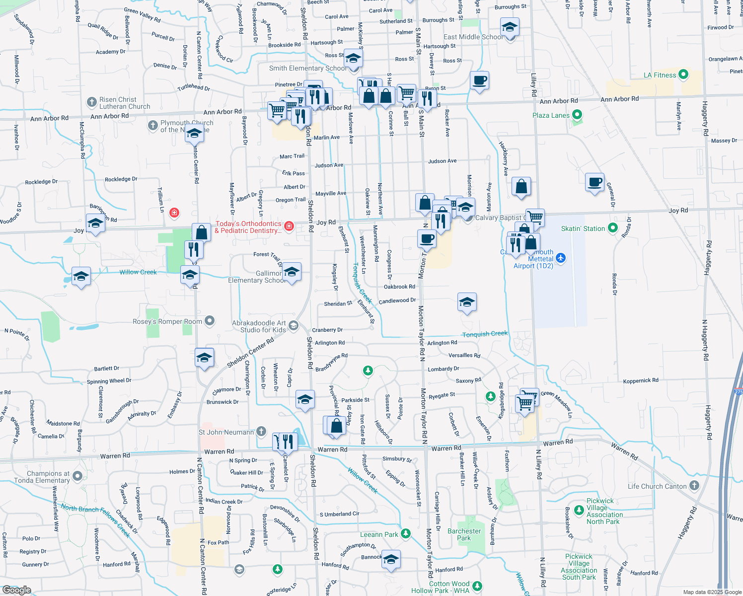 map of restaurants, bars, coffee shops, grocery stores, and more near 8221 Mannington Road in Canton