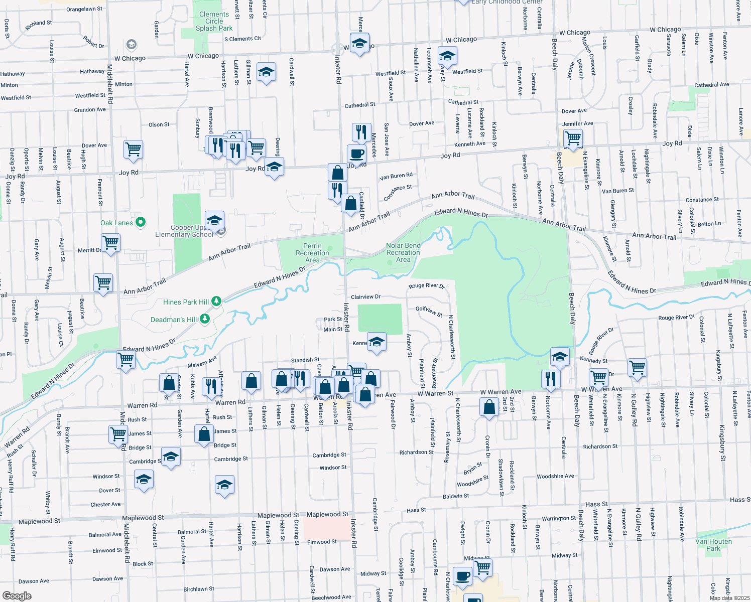 map of restaurants, bars, coffee shops, grocery stores, and more near 27223 Clairview Drive in Dearborn Heights