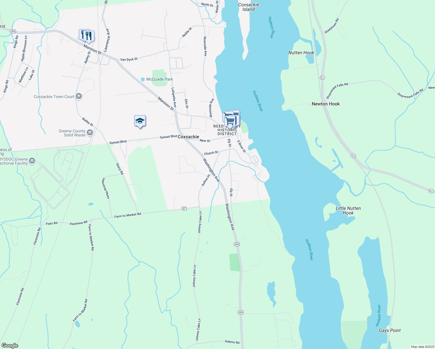 map of restaurants, bars, coffee shops, grocery stores, and more near 88 Washington Avenue in Coxsackie