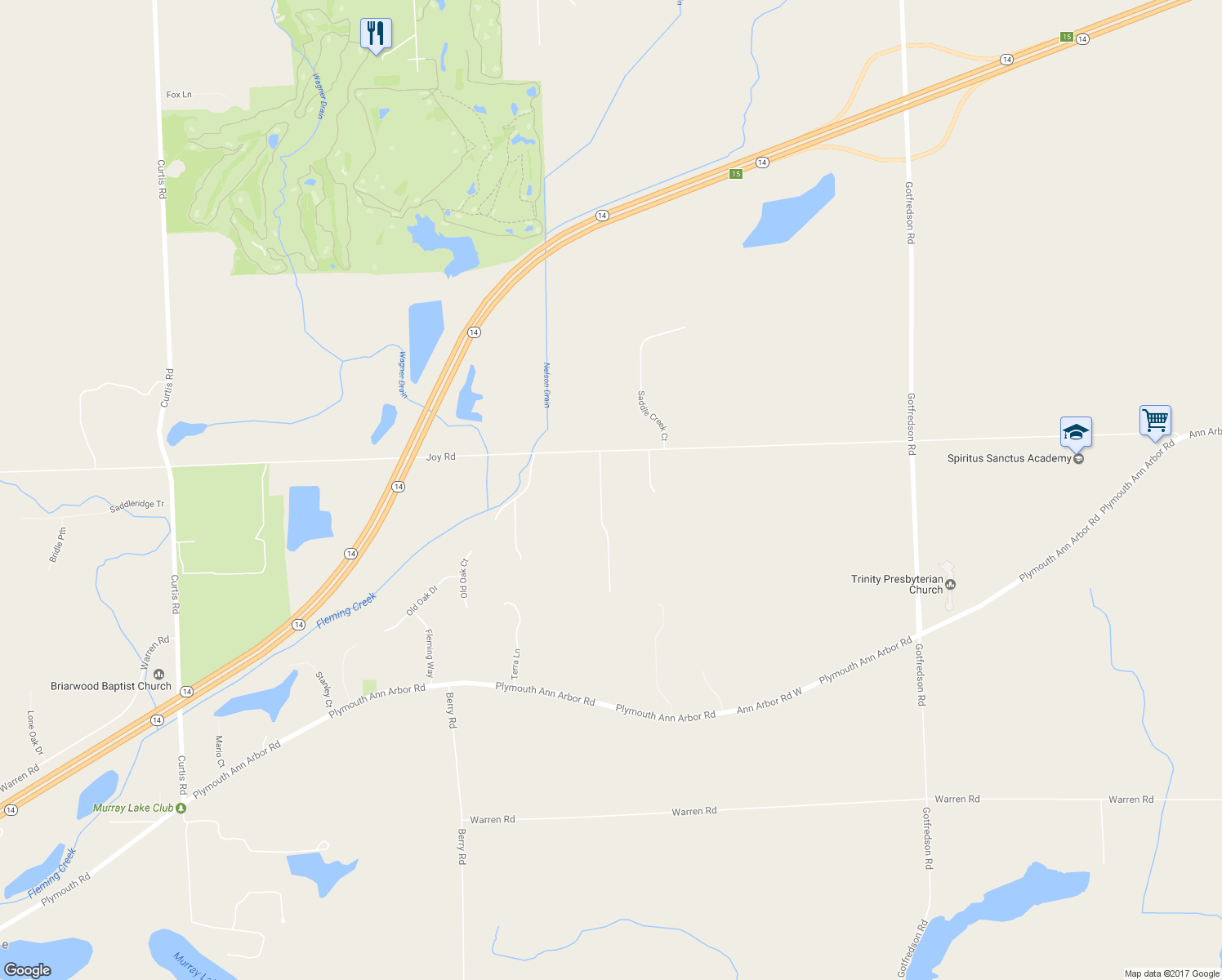 map of restaurants, bars, coffee shops, grocery stores, and more near 9180 Joy Road in Plymouth