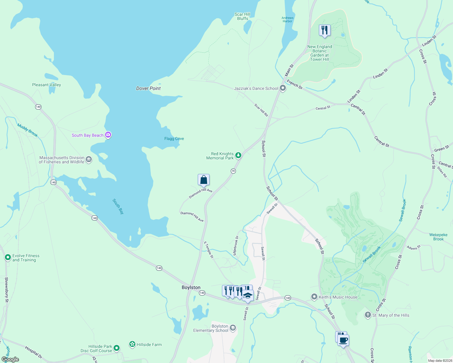 map of restaurants, bars, coffee shops, grocery stores, and more near 545 Main Street in Boylston