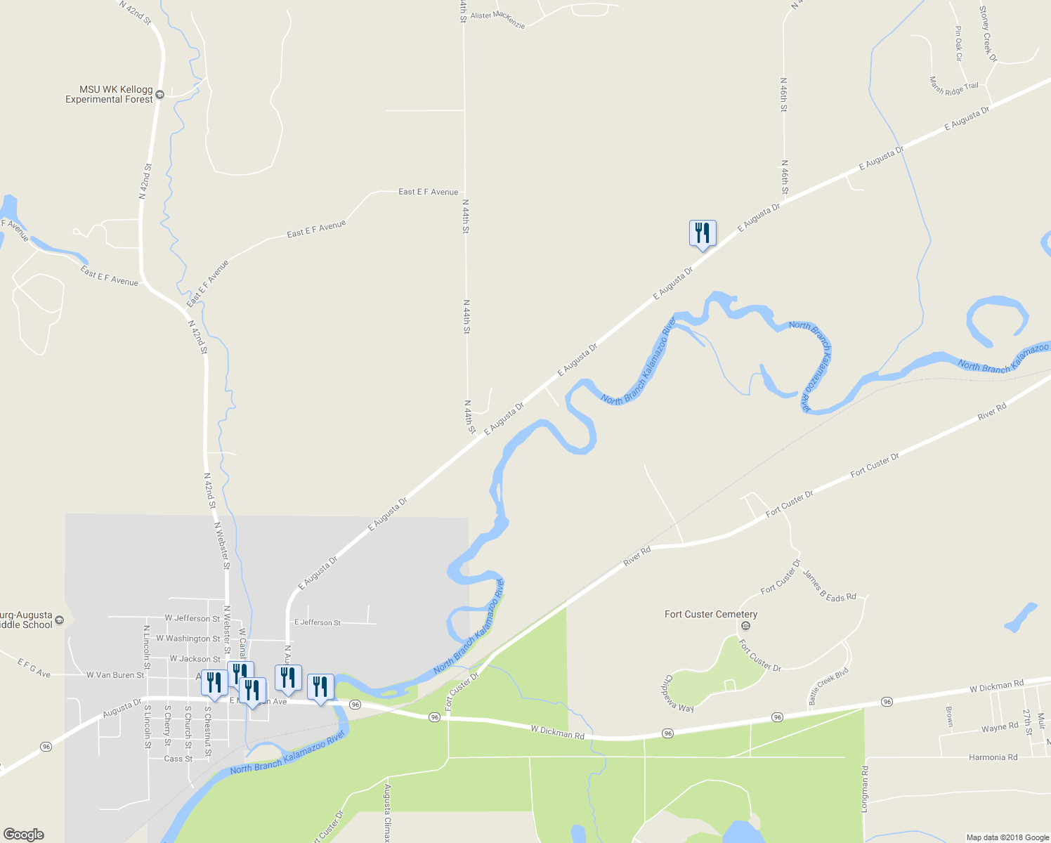 map of restaurants, bars, coffee shops, grocery stores, and more near 15132 East Augusta Drive in Augusta