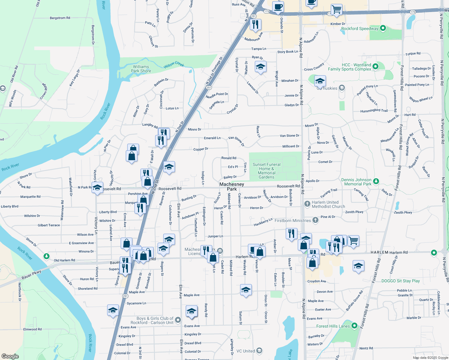 map of restaurants, bars, coffee shops, grocery stores, and more near 1219 Bailey Drive in Machesney Park