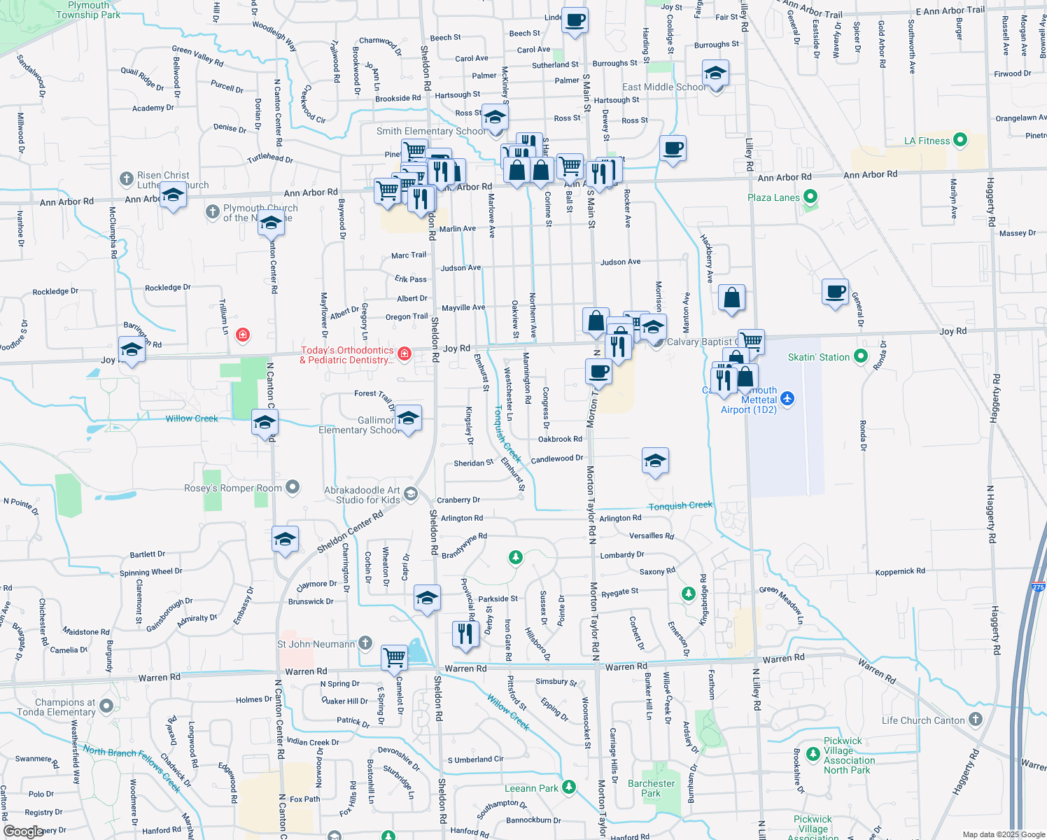 map of restaurants, bars, coffee shops, grocery stores, and more near 8403 Mannington Road in Canton