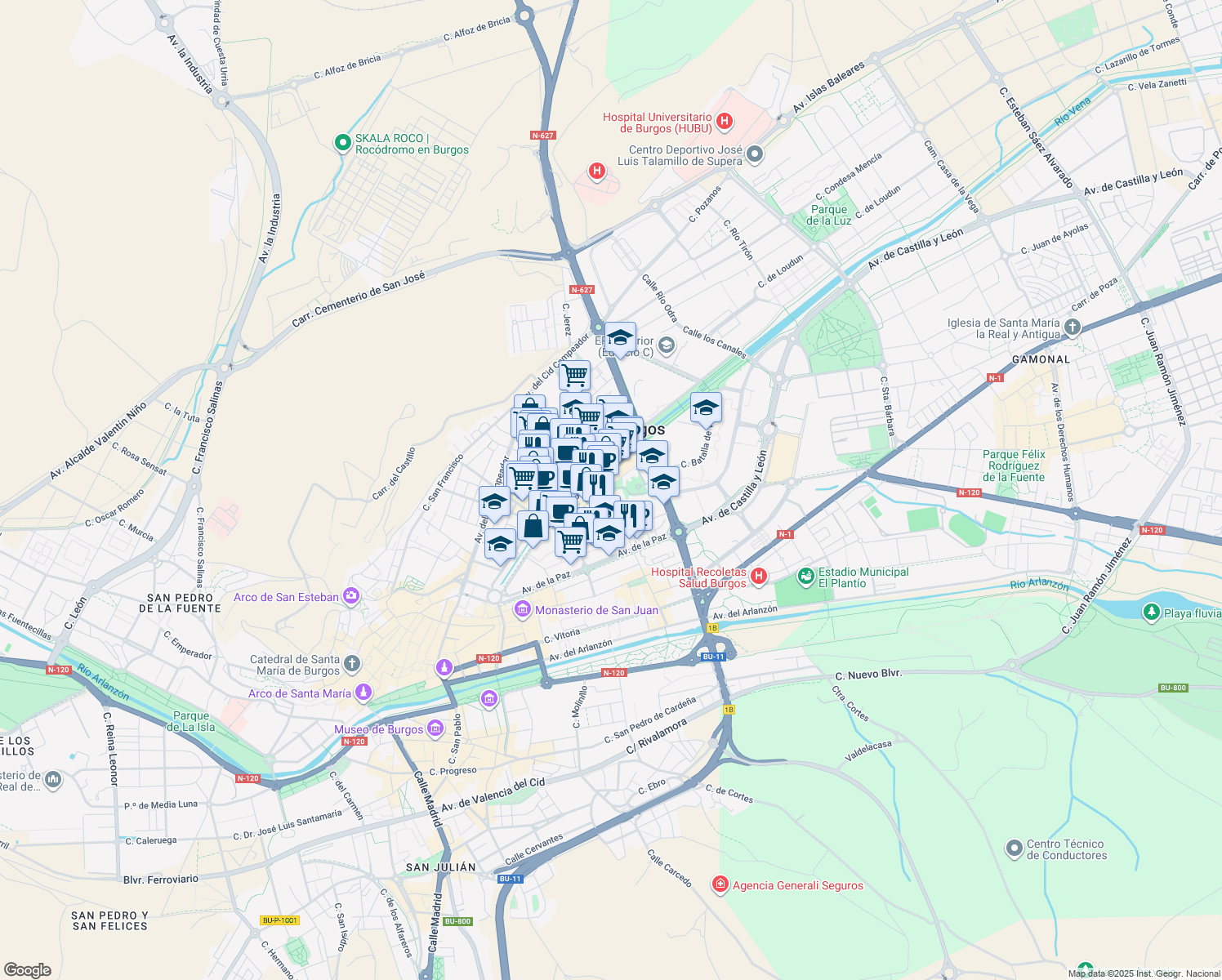 map of restaurants, bars, coffee shops, grocery stores, and more near 14 Calle Soria in Burgos
