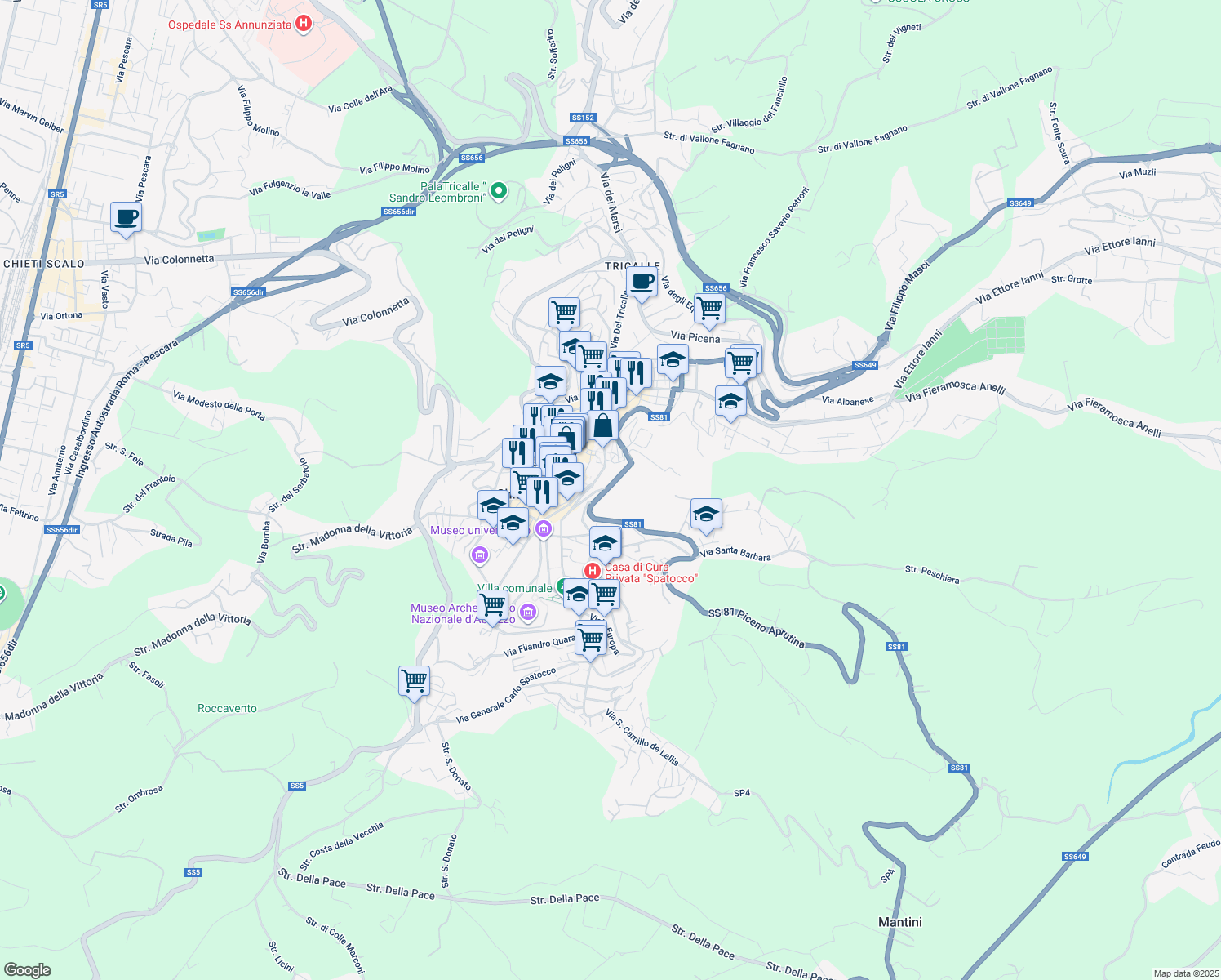 map of restaurants, bars, coffee shops, grocery stores, and more near 85 Via delle Terme Romane in Chieti