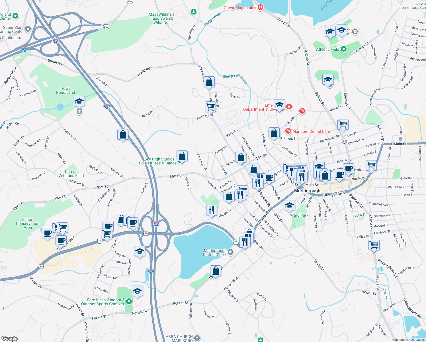map of restaurants, bars, coffee shops, grocery stores, and more near 104 Spring Street in Marlborough