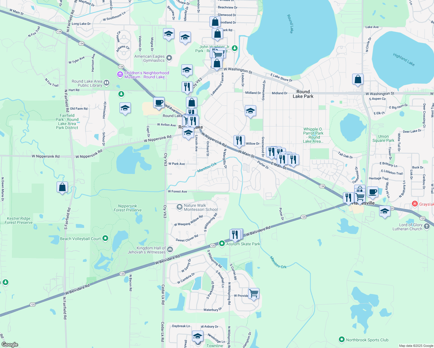 map of restaurants, bars, coffee shops, grocery stores, and more near 274 West Treehouse Lane in Round Lake