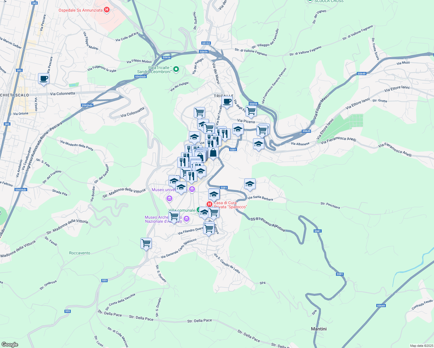 map of restaurants, bars, coffee shops, grocery stores, and more near 85 Via delle Terme Romane in Chieti
