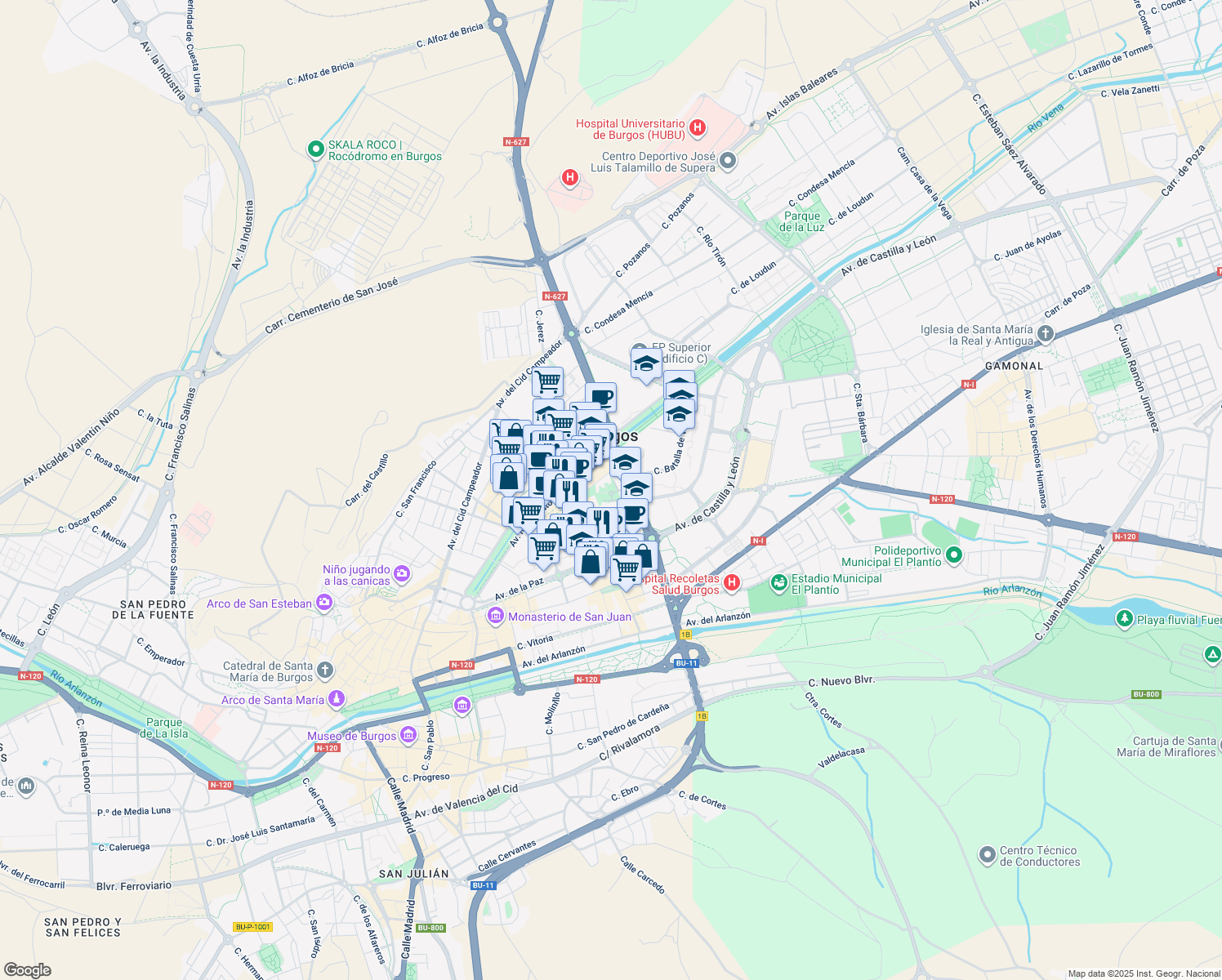 map of restaurants, bars, coffee shops, grocery stores, and more near 14 Calle Soria in Burgos