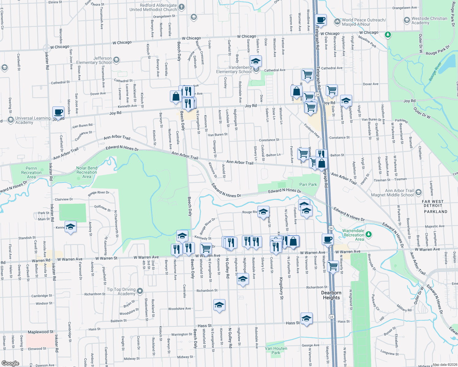 map of restaurants, bars, coffee shops, grocery stores, and more near 8004 Lochdale Street in Dearborn Heights