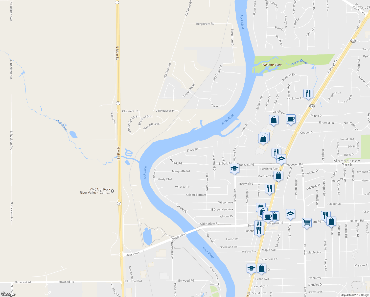 map of restaurants, bars, coffee shops, grocery stores, and more near 9808 Shore Drive in Machesney Park
