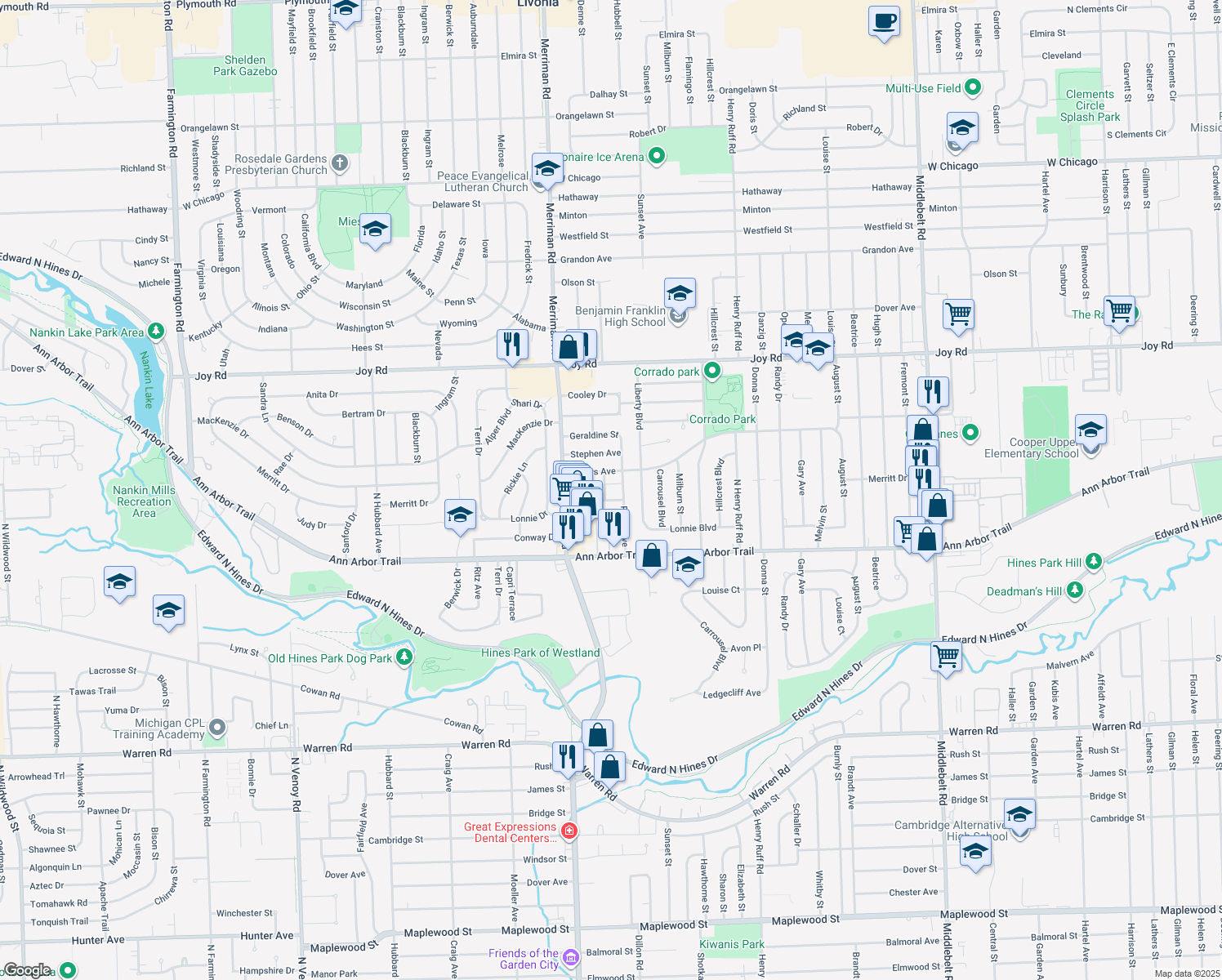 map of restaurants, bars, coffee shops, grocery stores, and more near 8334 Karen Street in Westland