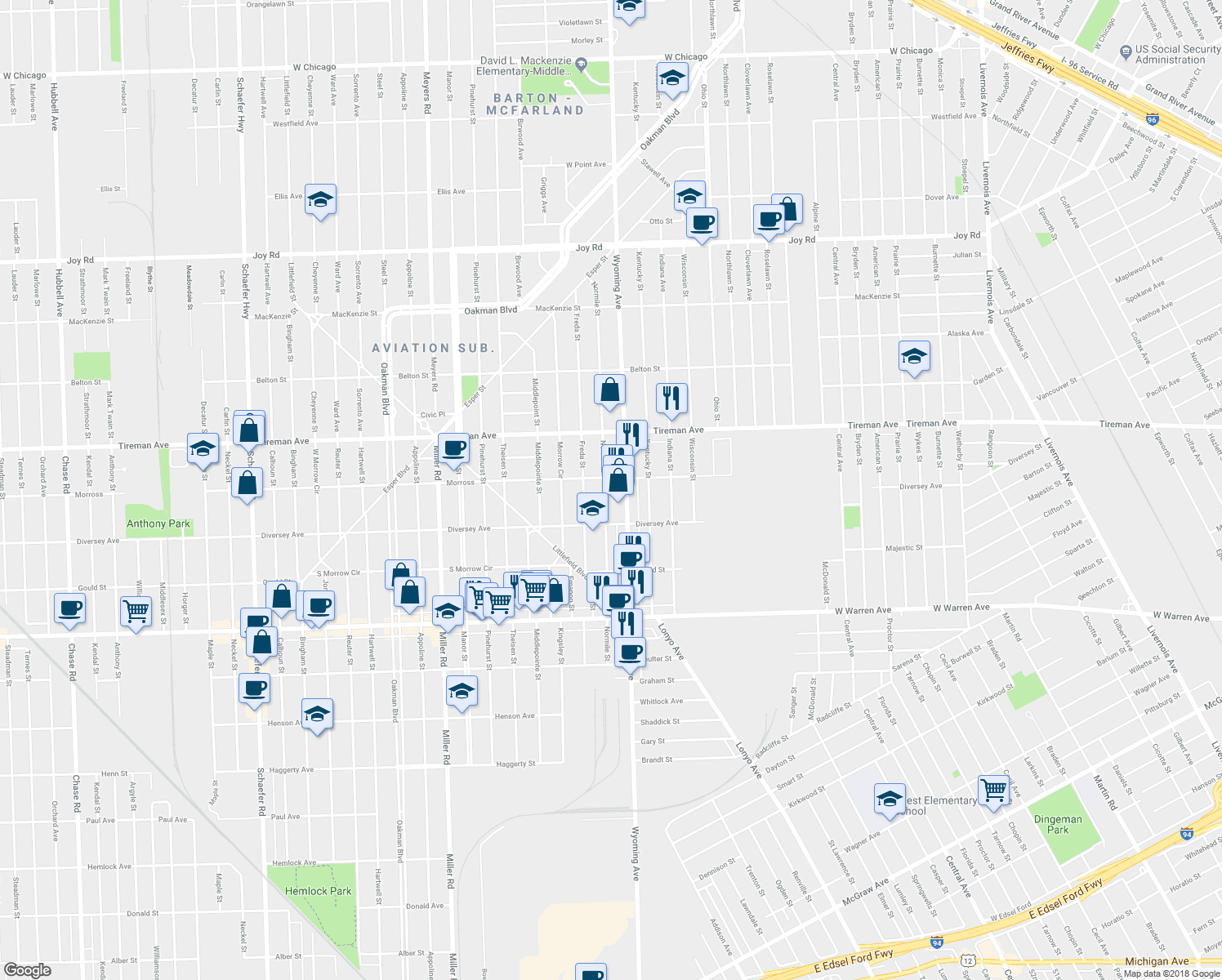 map of restaurants, bars, coffee shops, grocery stores, and more near 7732 Normile Street in Dearborn
